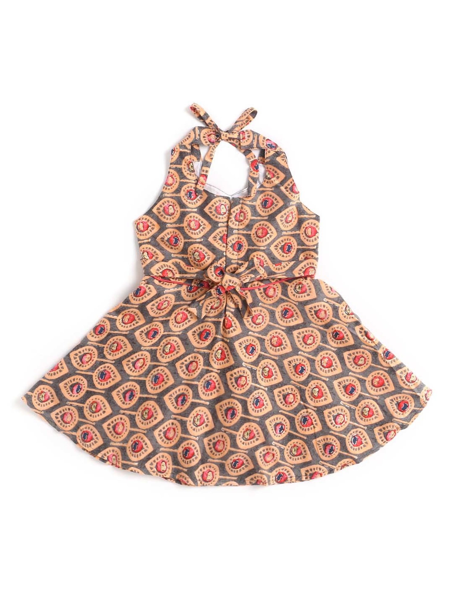 The Magic Wand Kids Peach & Grey Cotton Printed Dress