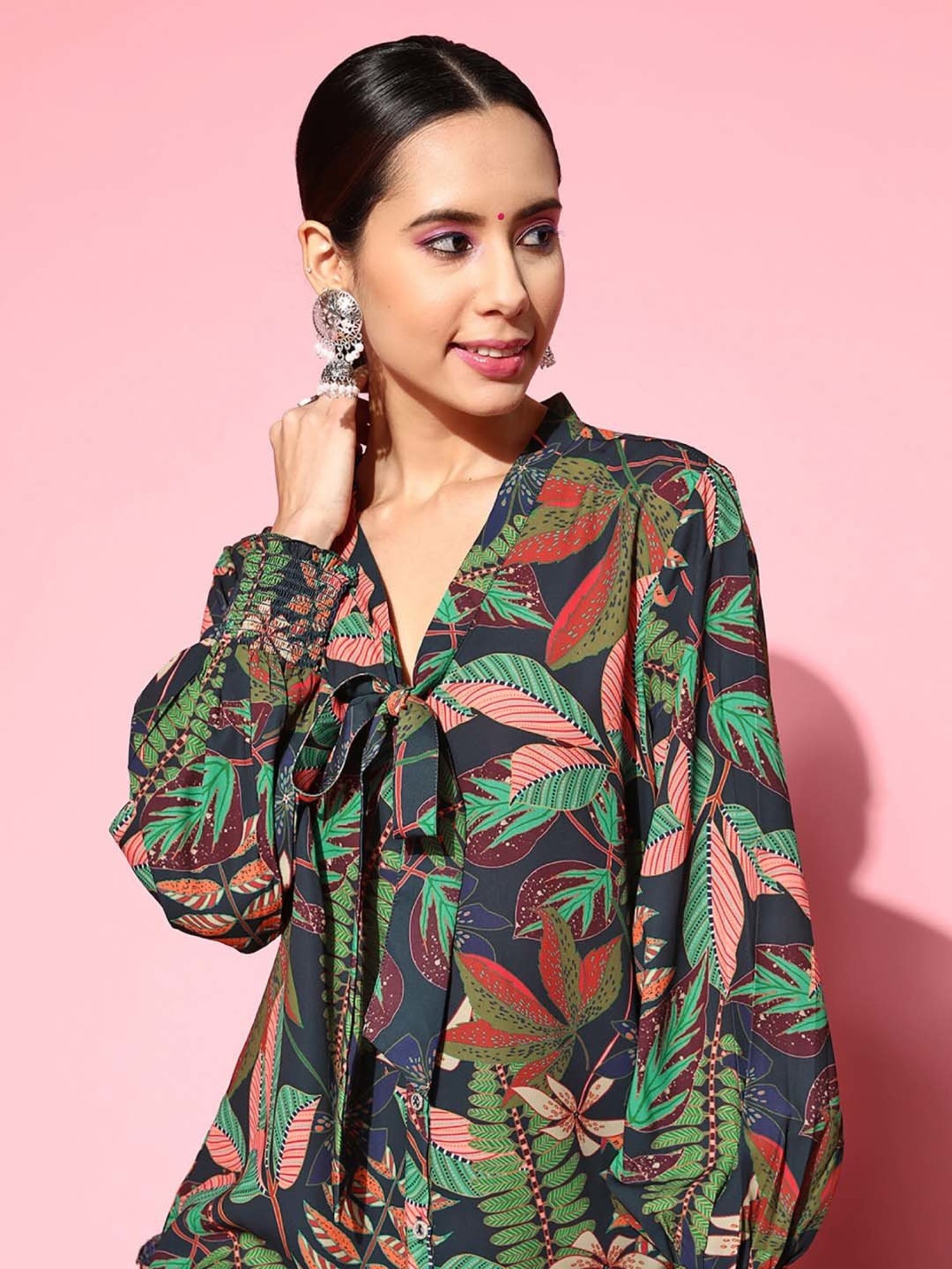 Indo Era Navy & Green Printed Tunic Palazzo Set
