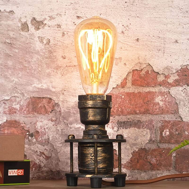 Vintage Industrial Steampunk Table Lamp, Mini Retro Gold Brass Metal Pipe Nightlights Desk Lamp for Bedside Bedroom Living Room Kids Room Decor(No Bulbs)