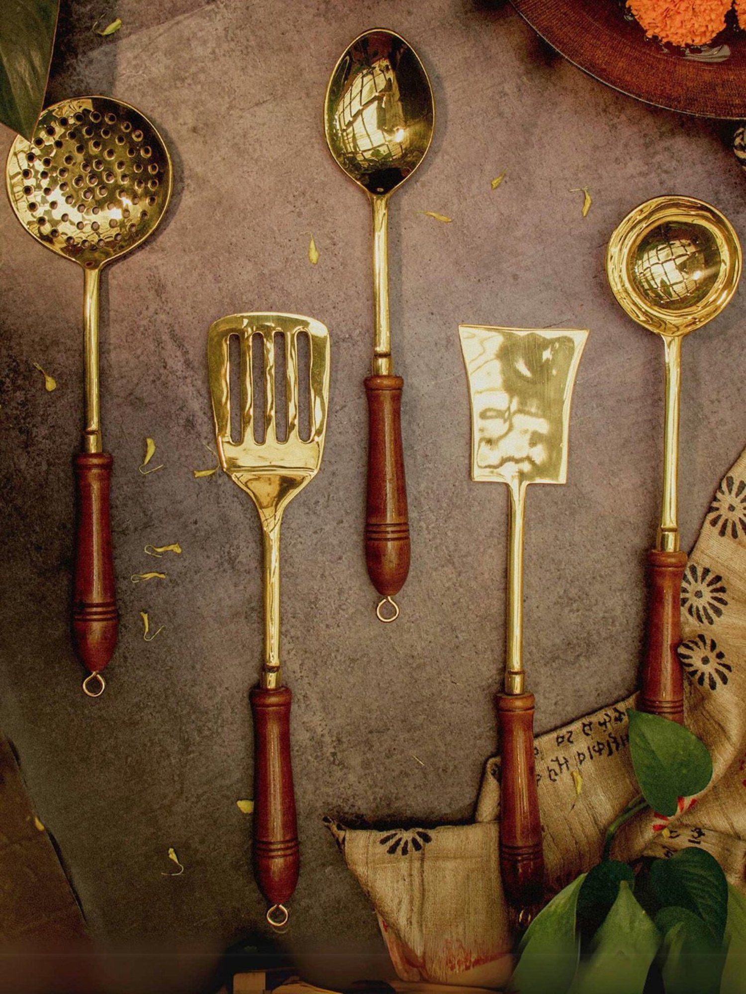 Ambi Heavy Brass Cooking Laddles / Karchi Set Of Five - Gloss Finish