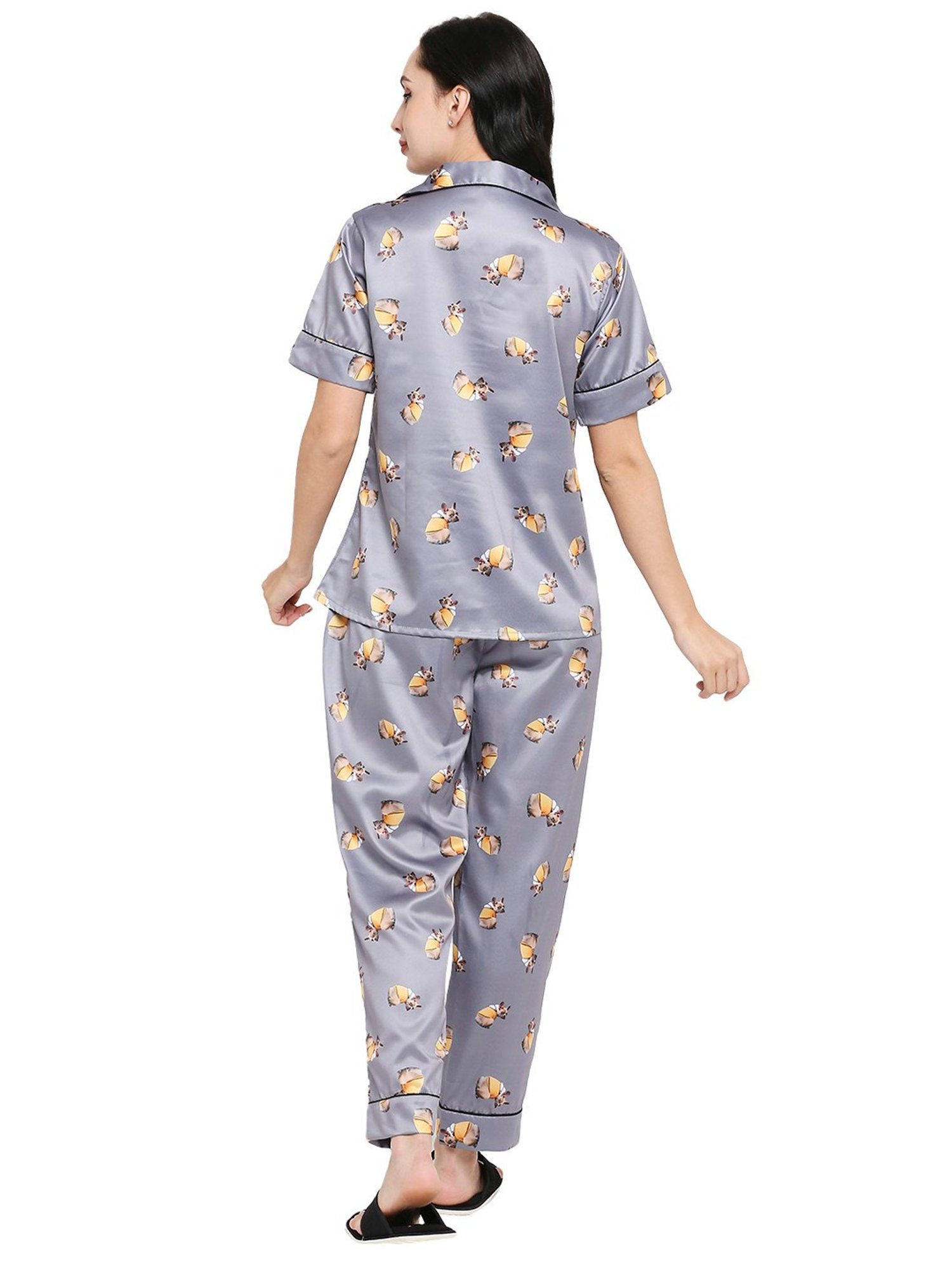 Smarty Pants Grey Satin Animal Print Shirt With Pyjamas