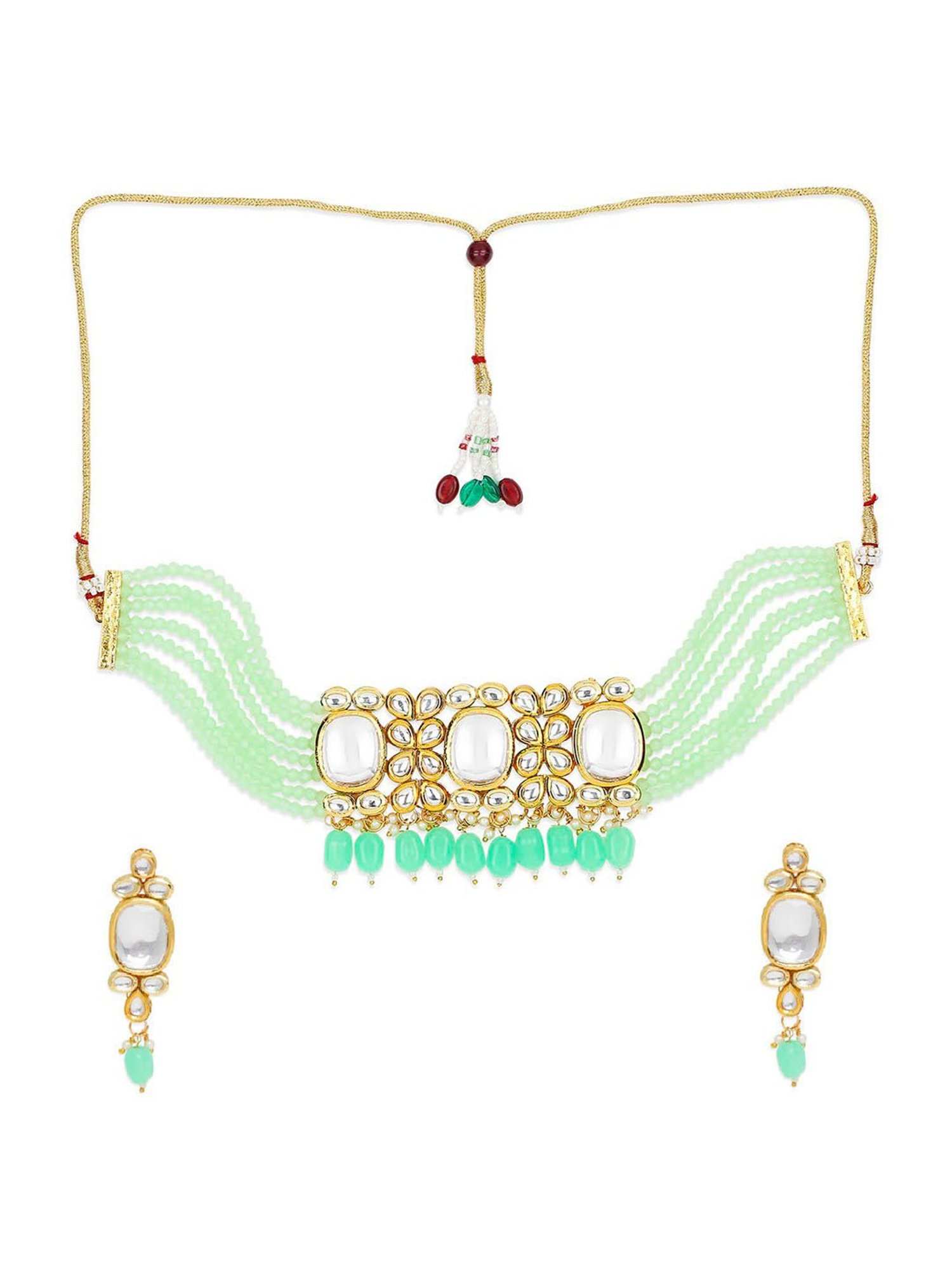 OOMPH Mint Green Beads & Kundan Ethnic Choker Necklace Set with Earrings