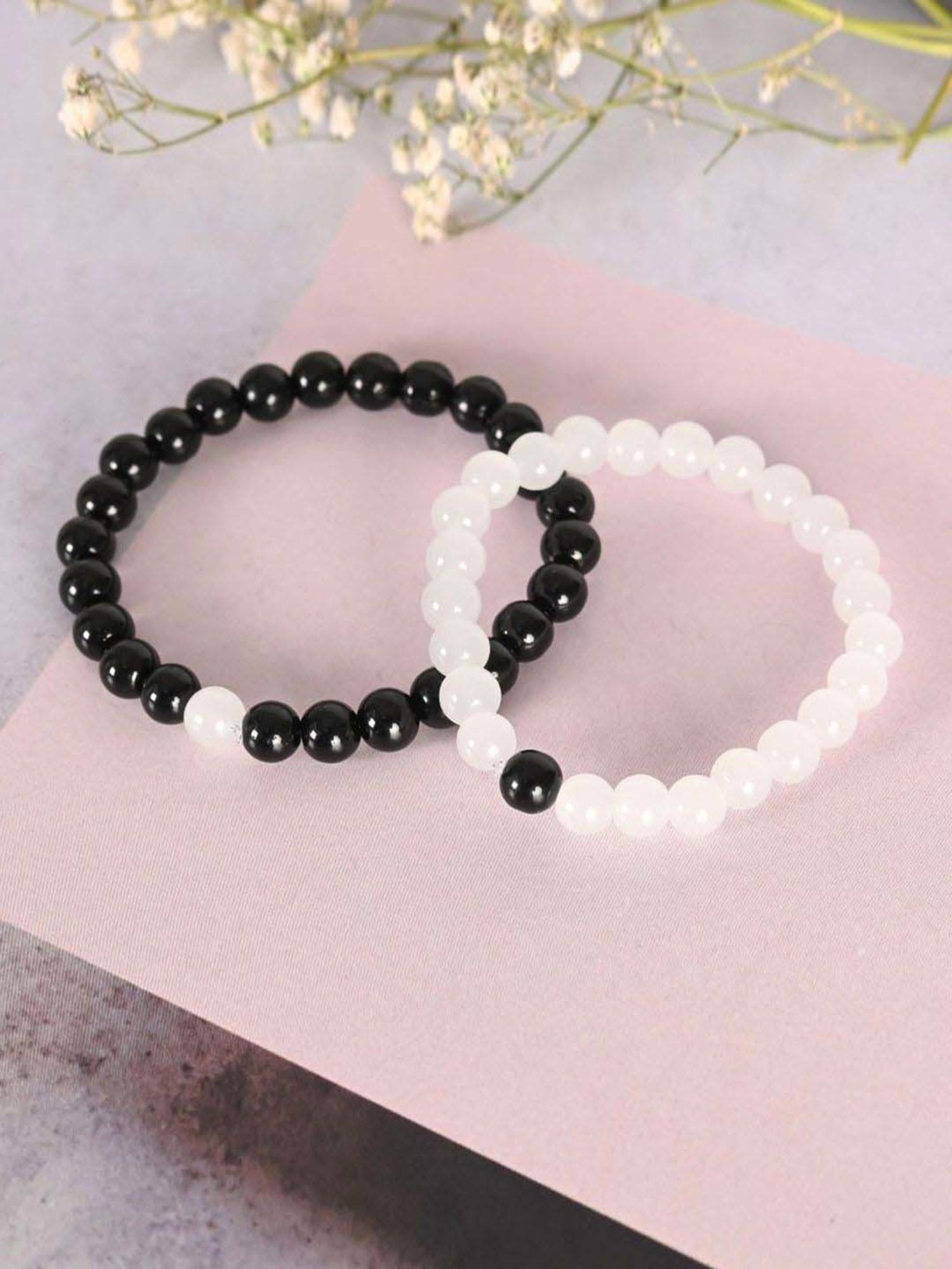 NVR White & Black Marbel Crystal Elasticated Bracelet for Unisex - Set of 2