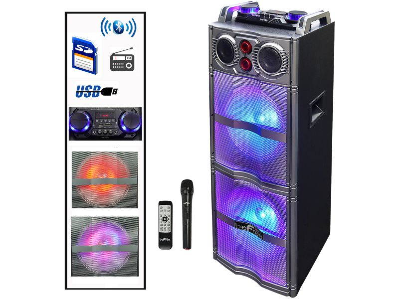 BeFree Sound BFS-5501 Double Subwoofer Bluetooth Portable Party Speaker with Reactive Lights, USB/SD Input, FM Radio, Remote Control and Microphone