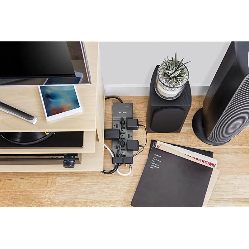 BE112234 10 12 Outlet Power Strip Surge Protector w Flat Plug 10ft Cord Ideal for Computers Home Theater Appliances Office Equipment 4156 Joules Gray