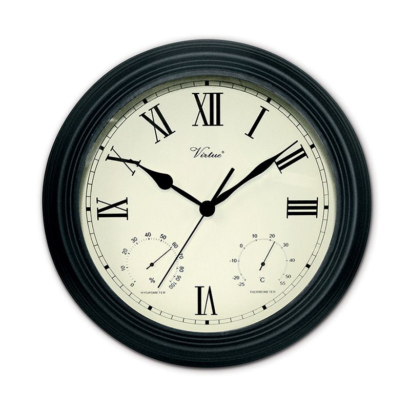Swim Central 12" Battery Operated Black Large Print Roman Numeral Outdoor Clock, Thermometer and Hygrometer