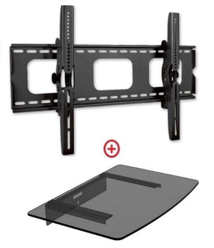 mount world 982t43-1 universal tilt wall mount for 32"- 60" flat panel plasmal lcd led hdtv with single glass shelf for blu-ray, dvd and av components (vesa 600x400, glass shelf si
