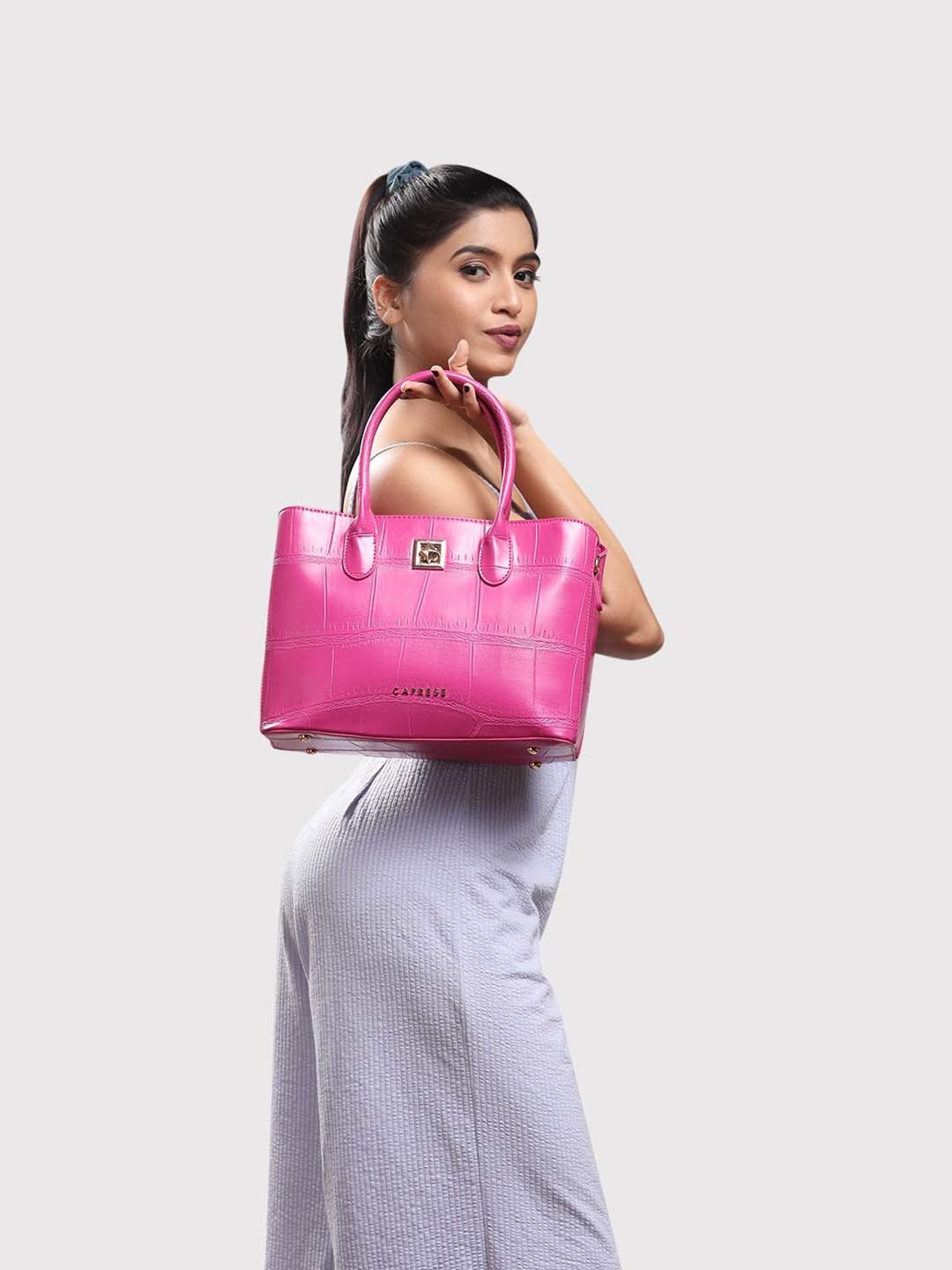 Caprese Mink Satchel Small Fuchsia Women Shoulder Handbag | The Kiara Collection