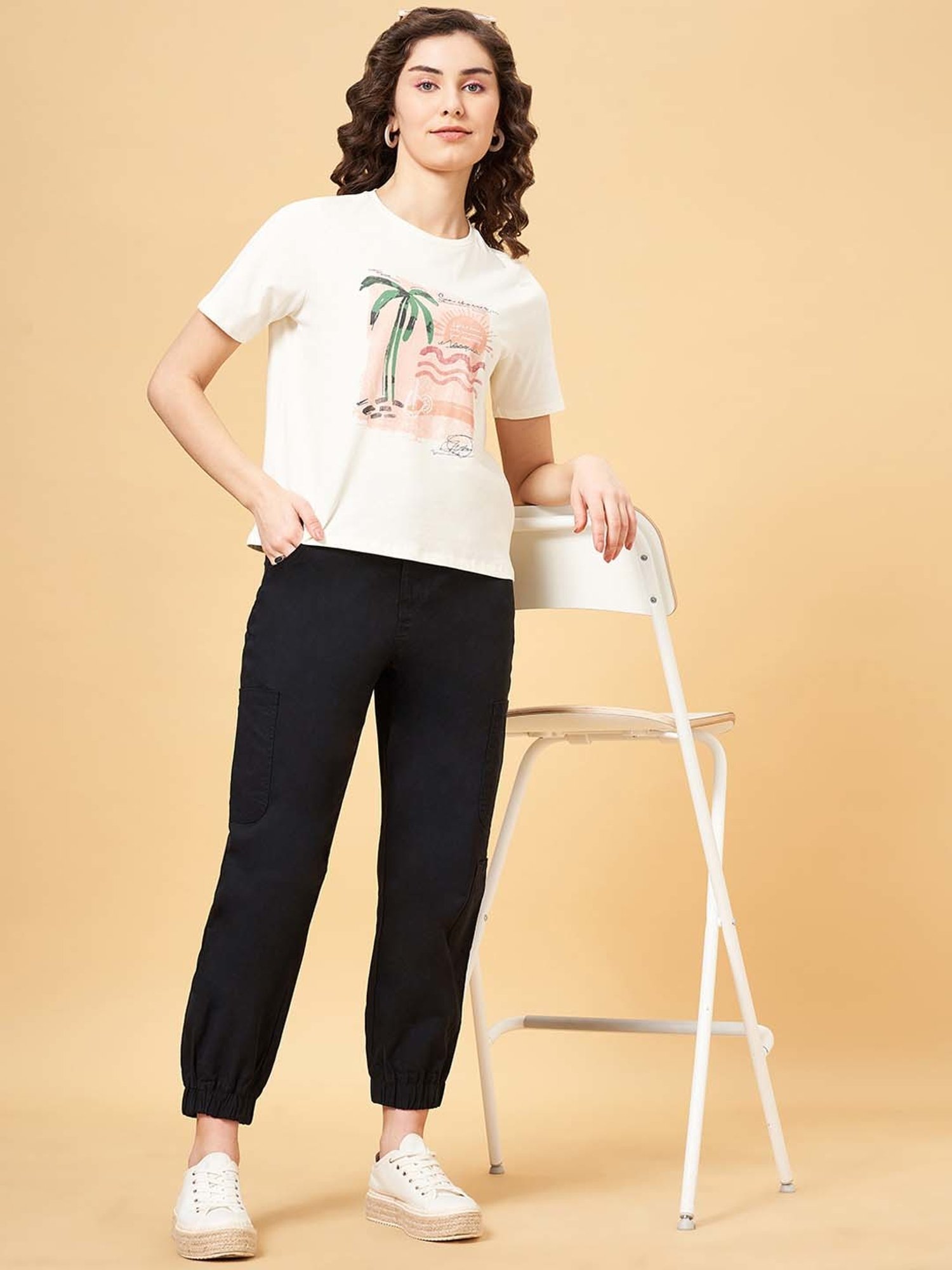 People by Pantaloons White Cotton Printed T-Shirt