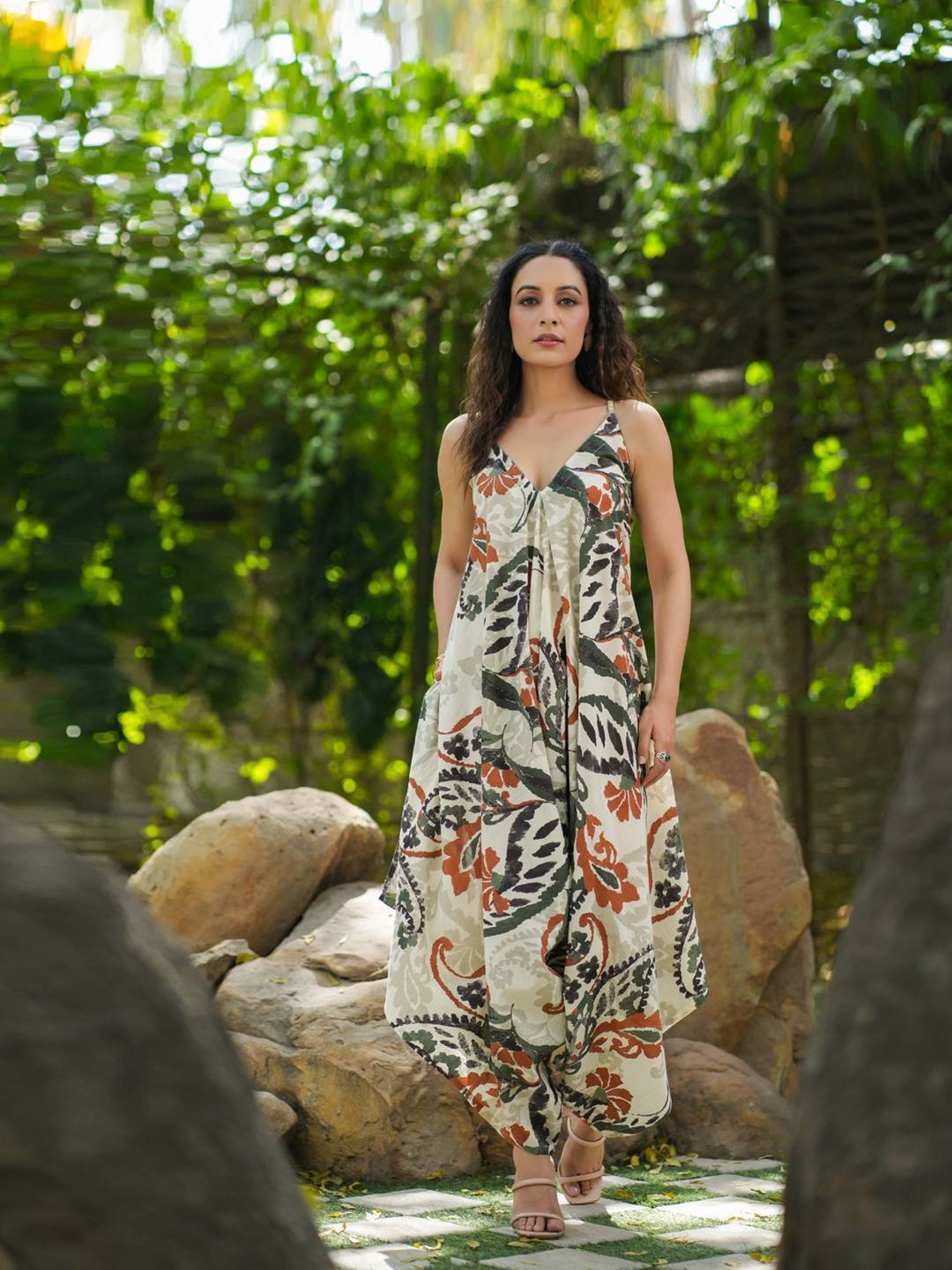 Rain and Rainbow Off-White Cotton Printed A-Line dress Jumpsuit