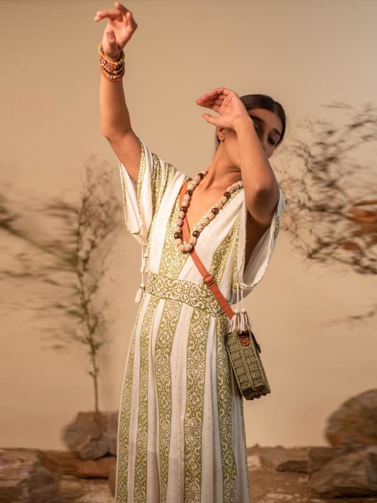 LABEL REYYA Off-White & Green Afro Jumpsuit