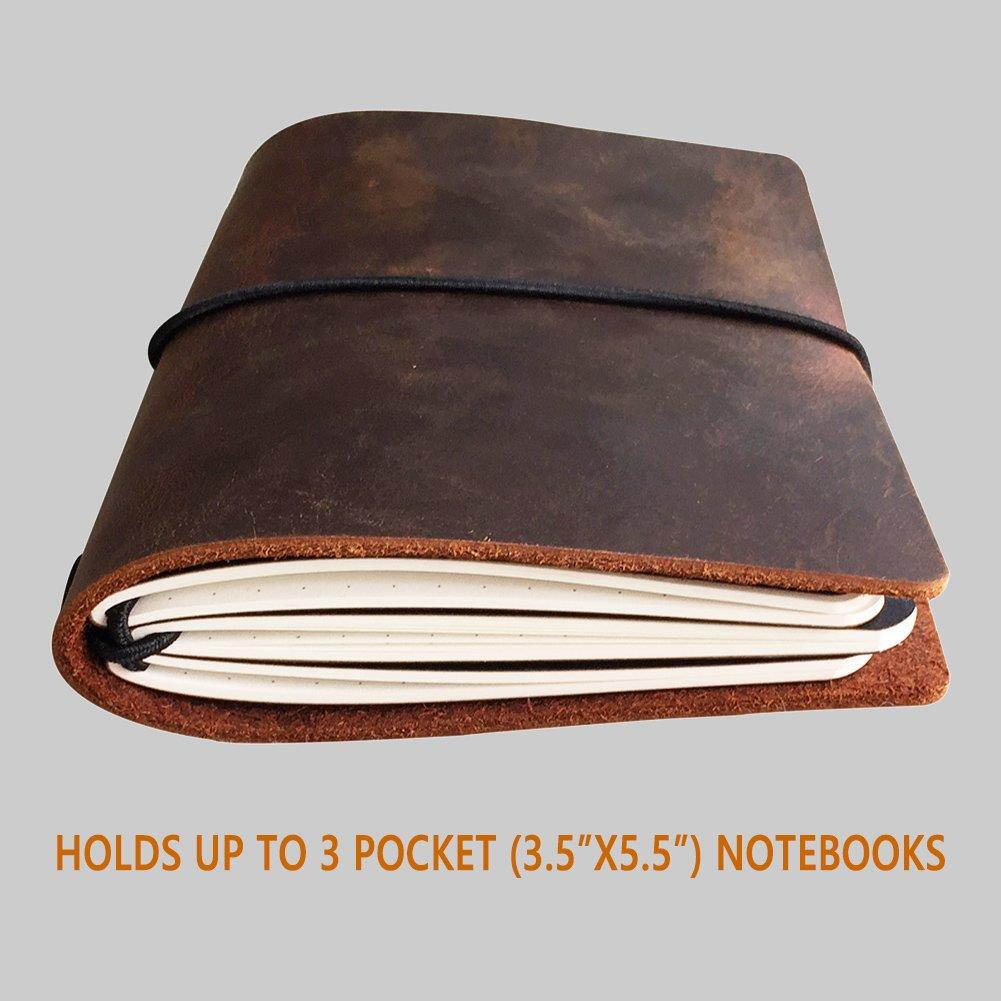 Pocket Travelers Notebook - Leather Journal Cover for Field Notes, Moleskine Cahier 3.5 x 5.5, Brown