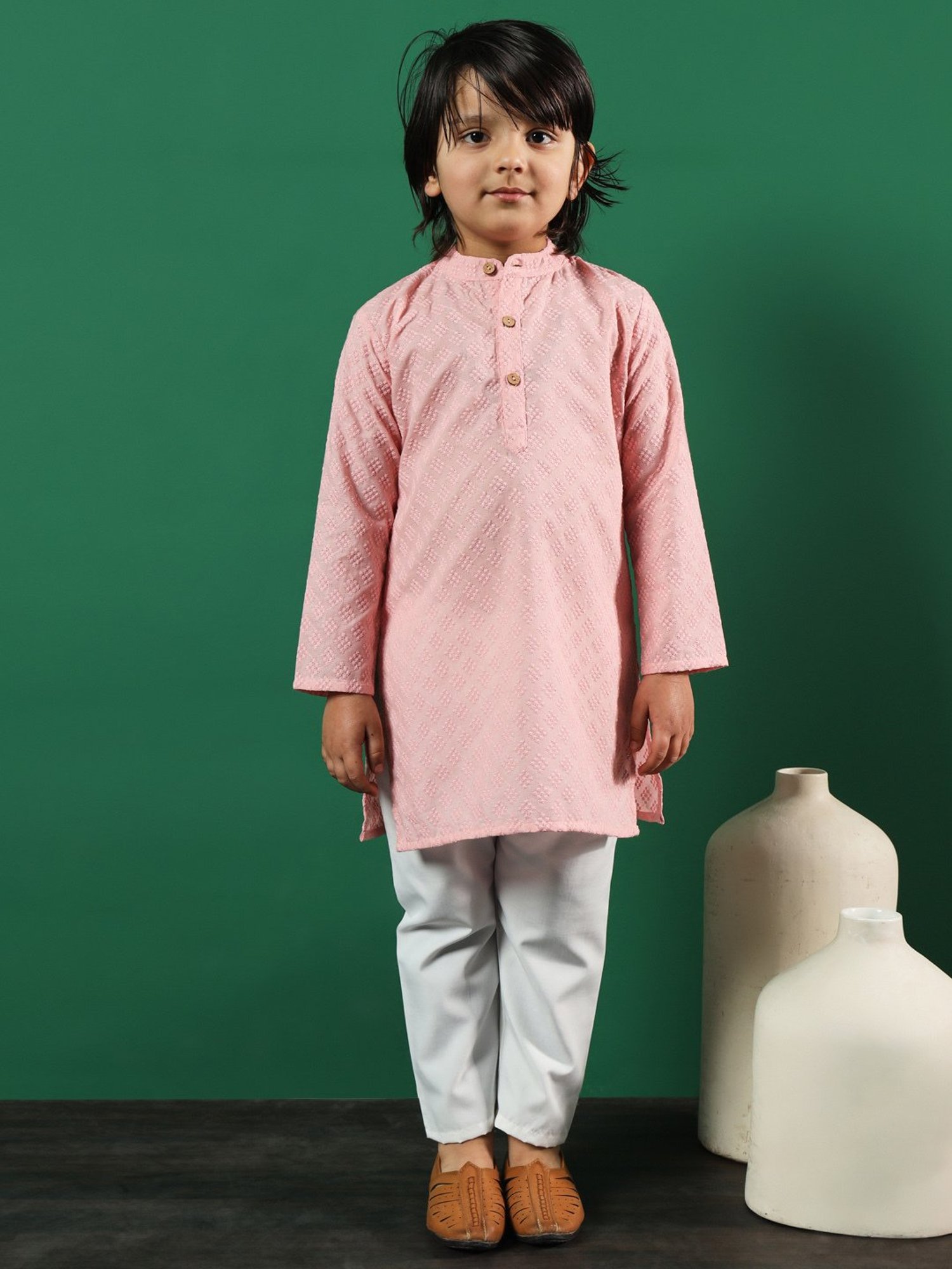 READIPRINT FASHIONS Kids Pink & White Embroidered Full Sleeves Kurta with Pyjamas