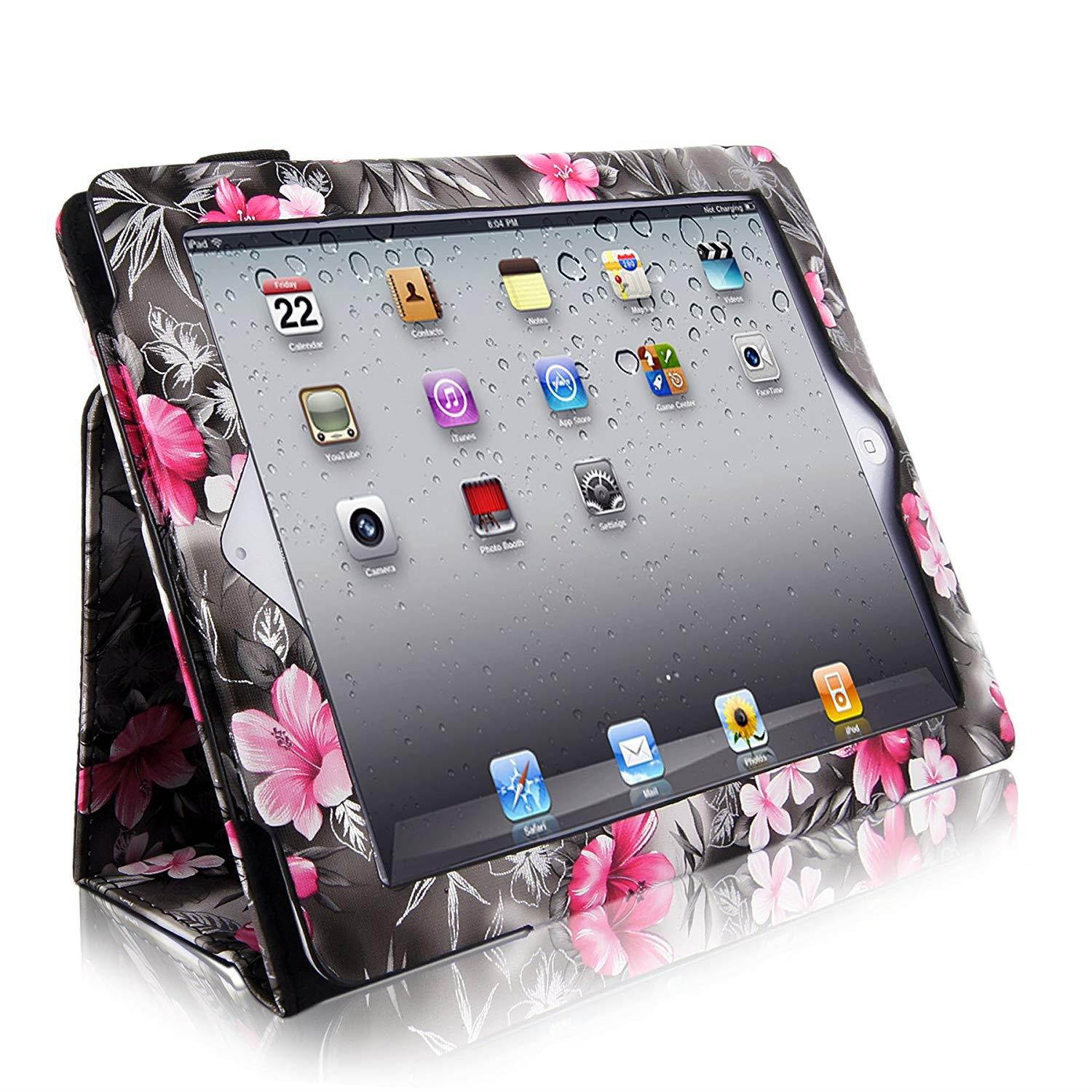 Cellularvilla Case for Apple iPad 2/3/4 iPad 1 iPad 2 iPad 3 iPad 4 Genration Black Pink Flower Pu Leather Flip Folio Elastic Hand Strap Card Holder Stand Case Cover Protector