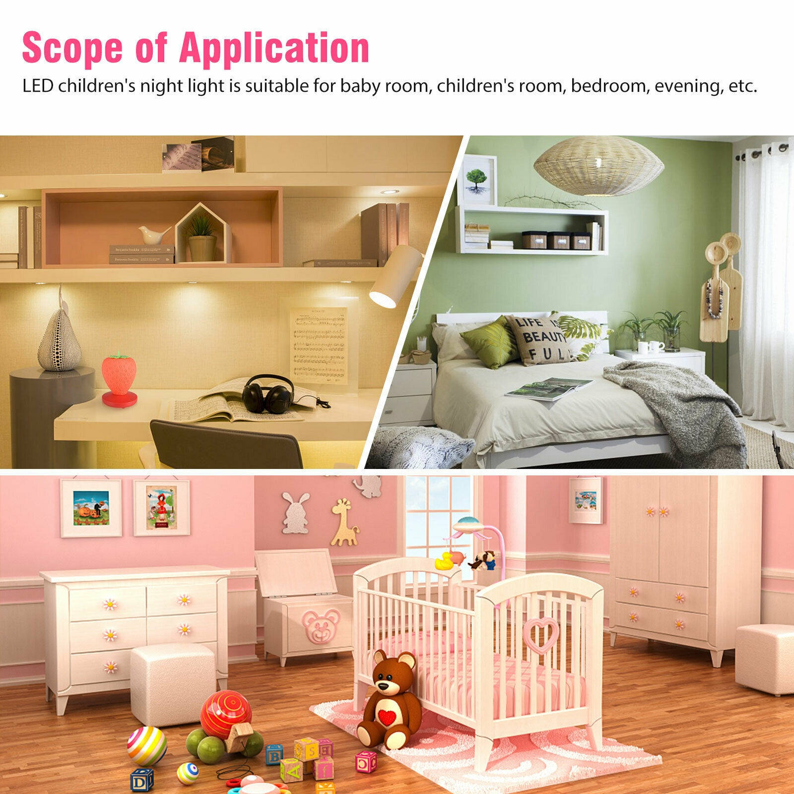 Cute Strawberry Lamp LED Atmosphere Bedside Reading Night Light USB Rechargeable