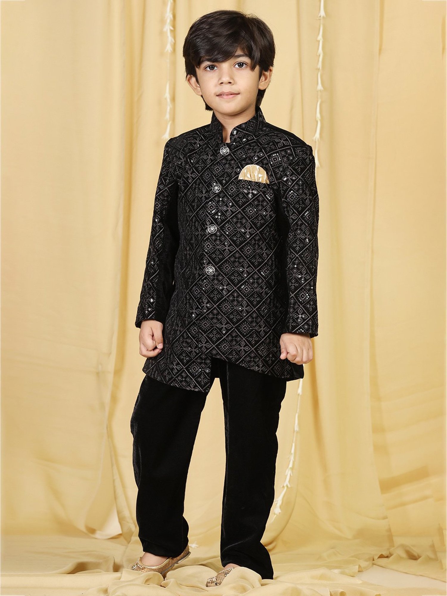 AJ Dezines Kids Black Embellished Full Sleeves Sherwani with Pants