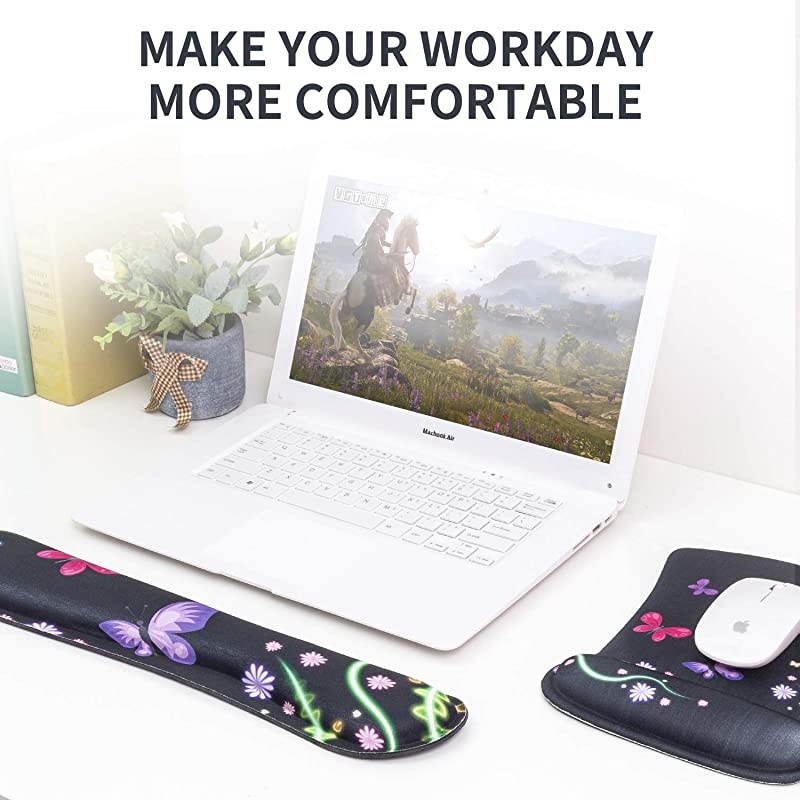Ergonomic Memory Foam Keyboard and Mouse Pad Wrist Rest Support Set, Non-Slip Office Work Desk Mouse Pad Wrist Set by (Nice Butterfly & Flower)