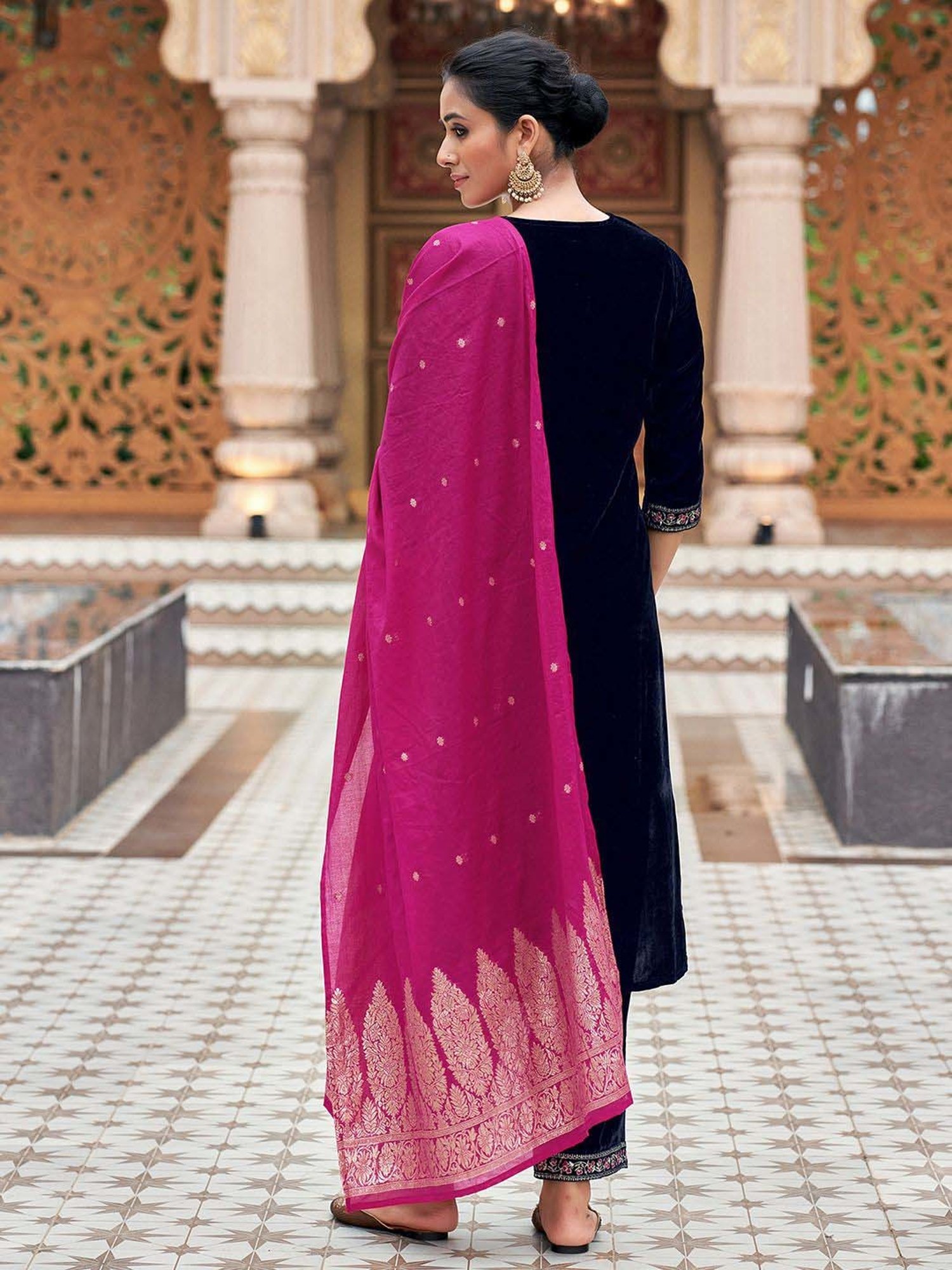 Skylee Navy Embroidered Kurta Pant Set With Dupatta