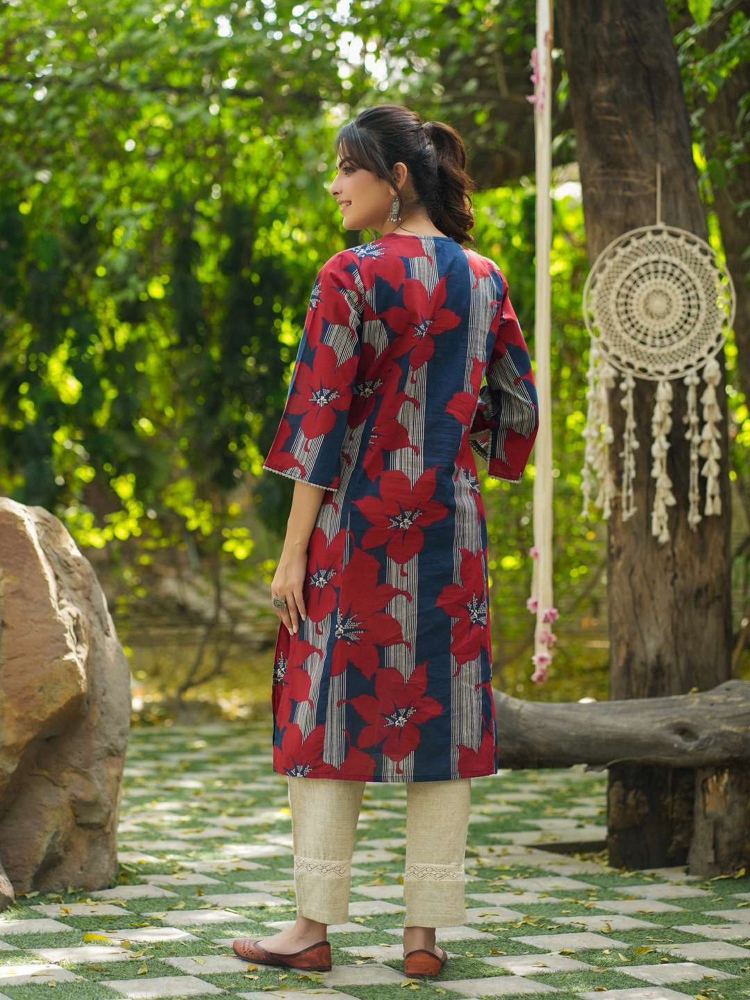 Rain and Rainbow Blue & Red Cotton Floral Print A Line Kurta