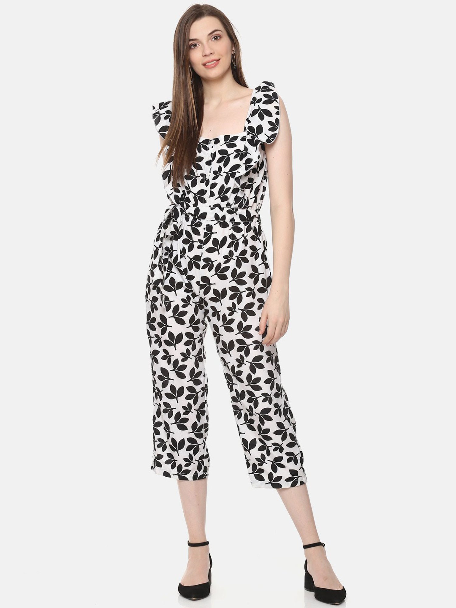 Belle Fille White & Black Printed Jumpsuit