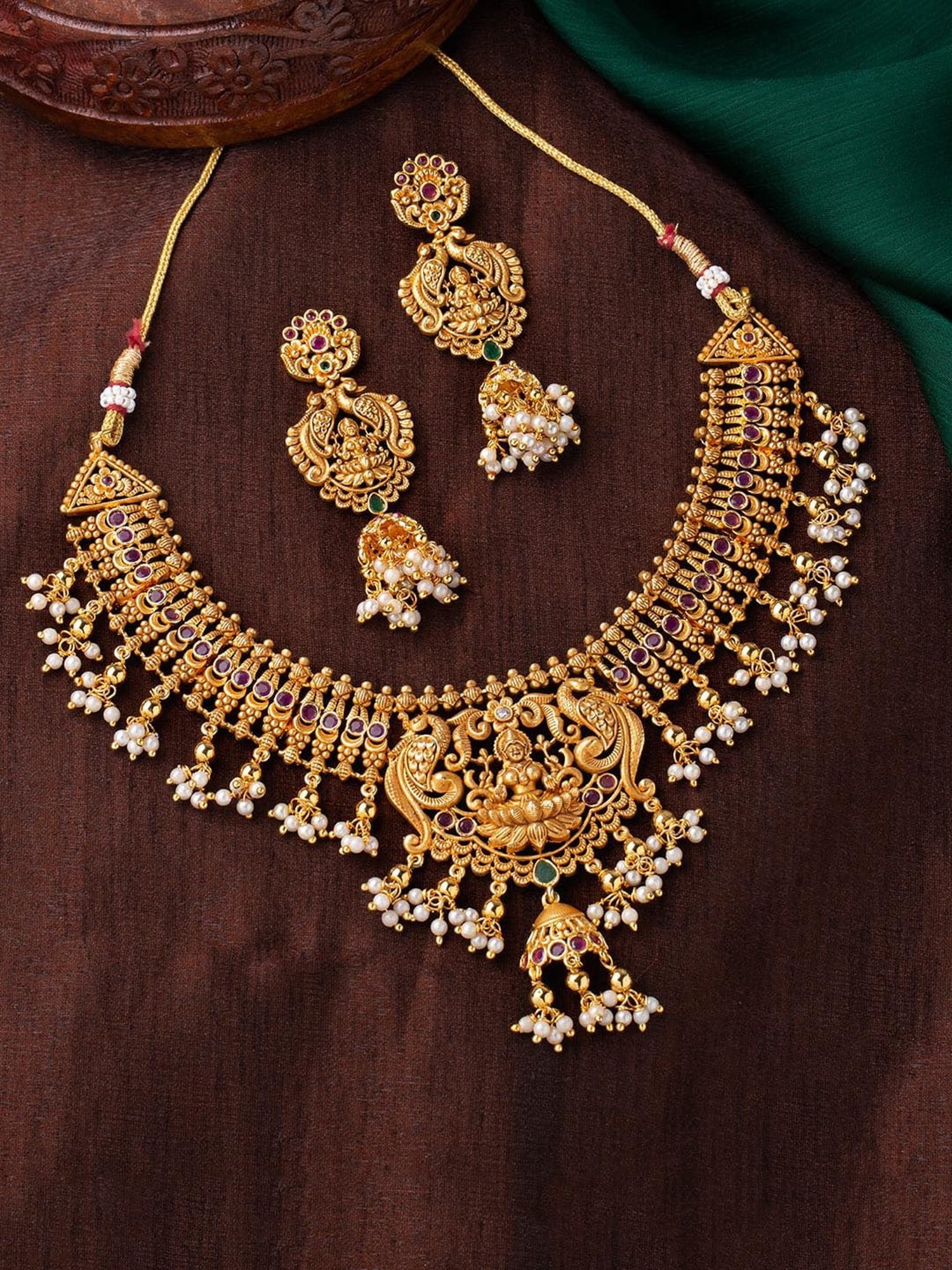 Estele Gold-Plated Divine Lakshmi Ji Bridal Necklace Set with color stones & Pearls