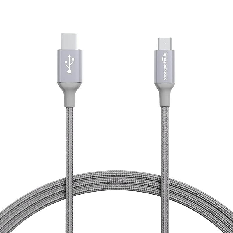Double Braided Nylon USB TypeC to MicroB 20 Male Charger Cable | 6 feet Dark Grey