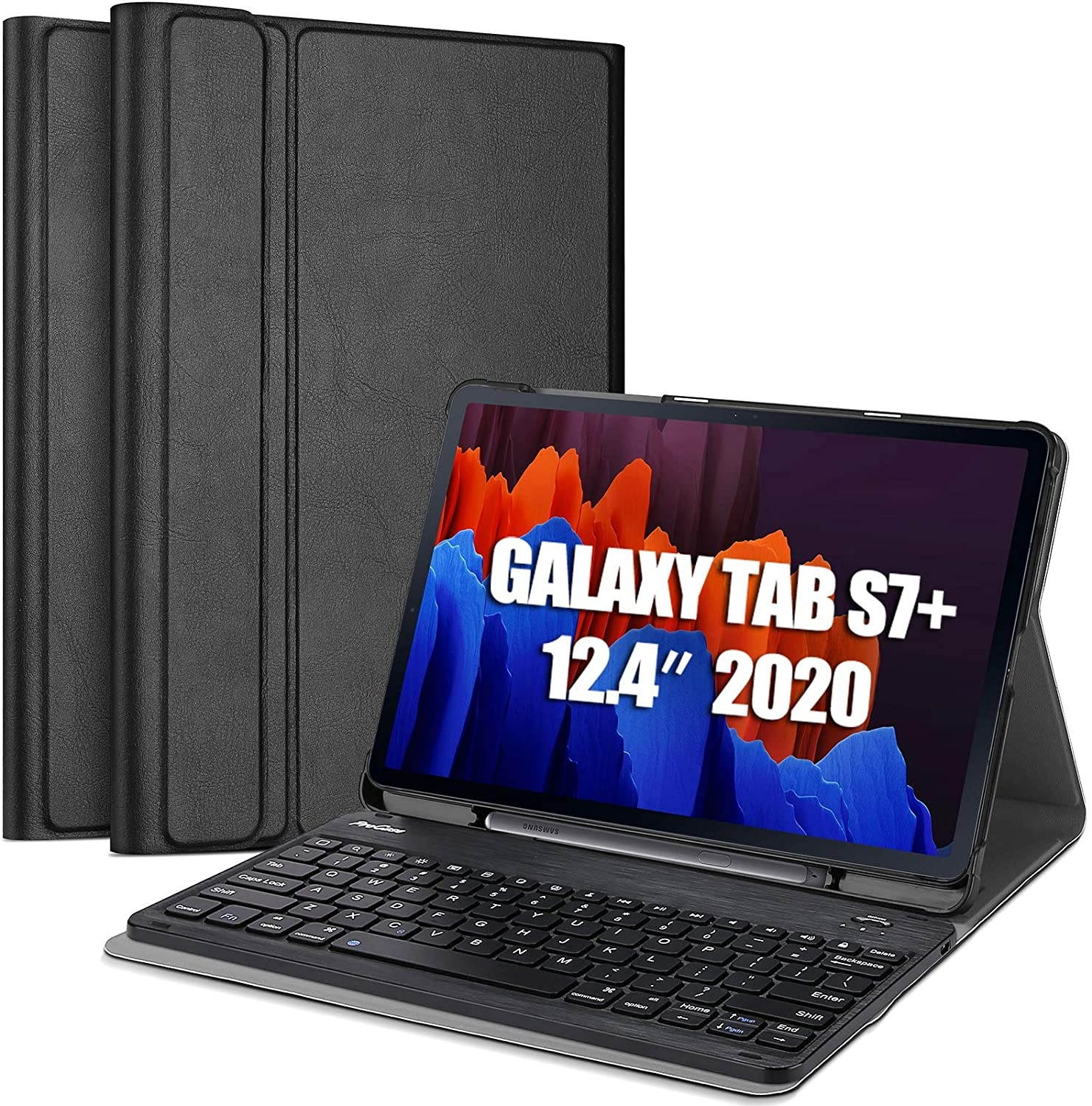 ProCase Galaxy Tab S7 Plus Keyboard Case 12.4 inch 2020 (Model SM-T970/T975/T976) with S Pen Holder Lightweight Smart Cover with Magnetically Detachable Wireless Keyboard for Galaxy Tab S7+ ?C Black
