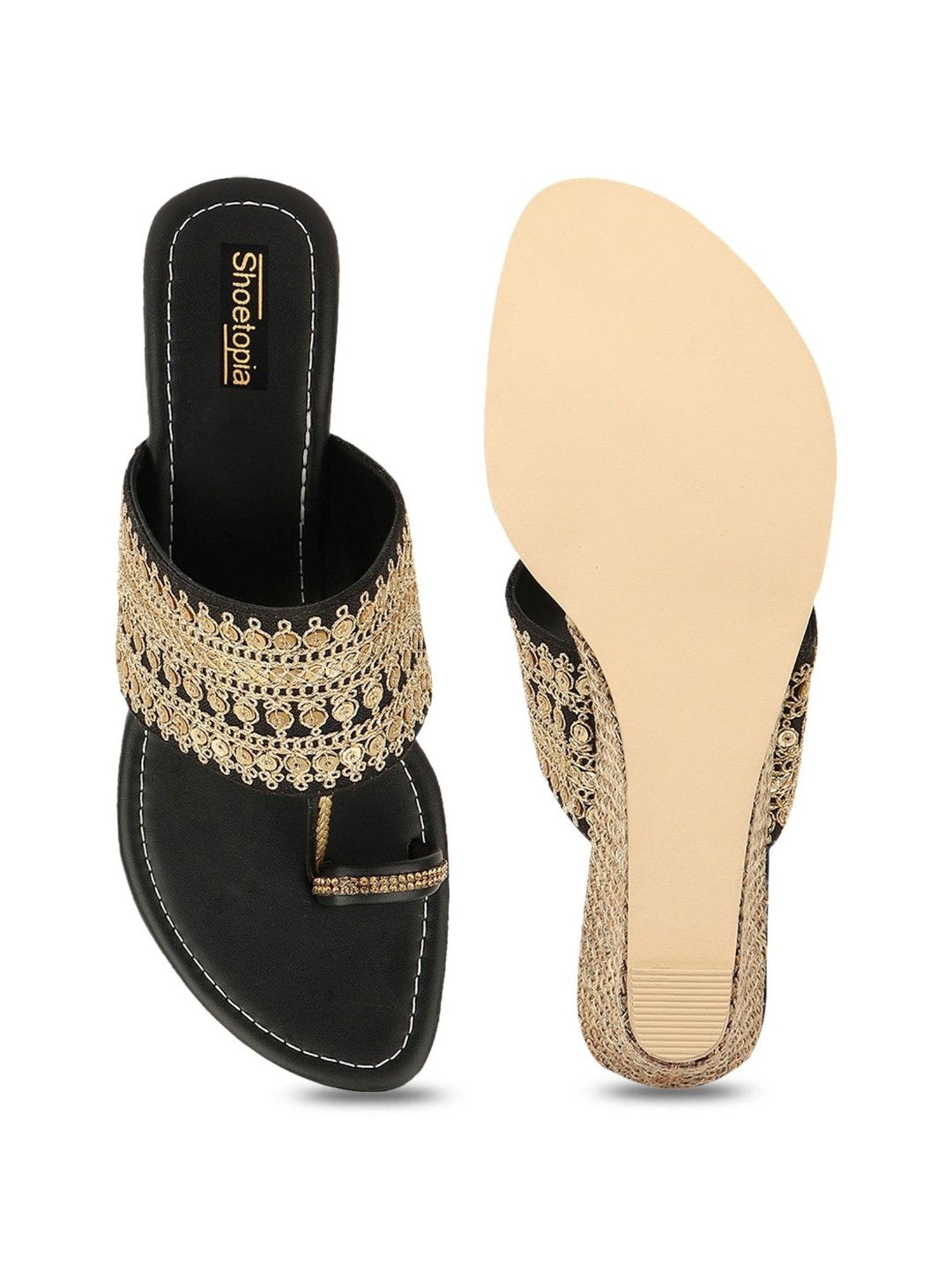 Shoetopia Women's Black Toe Ring Wedges