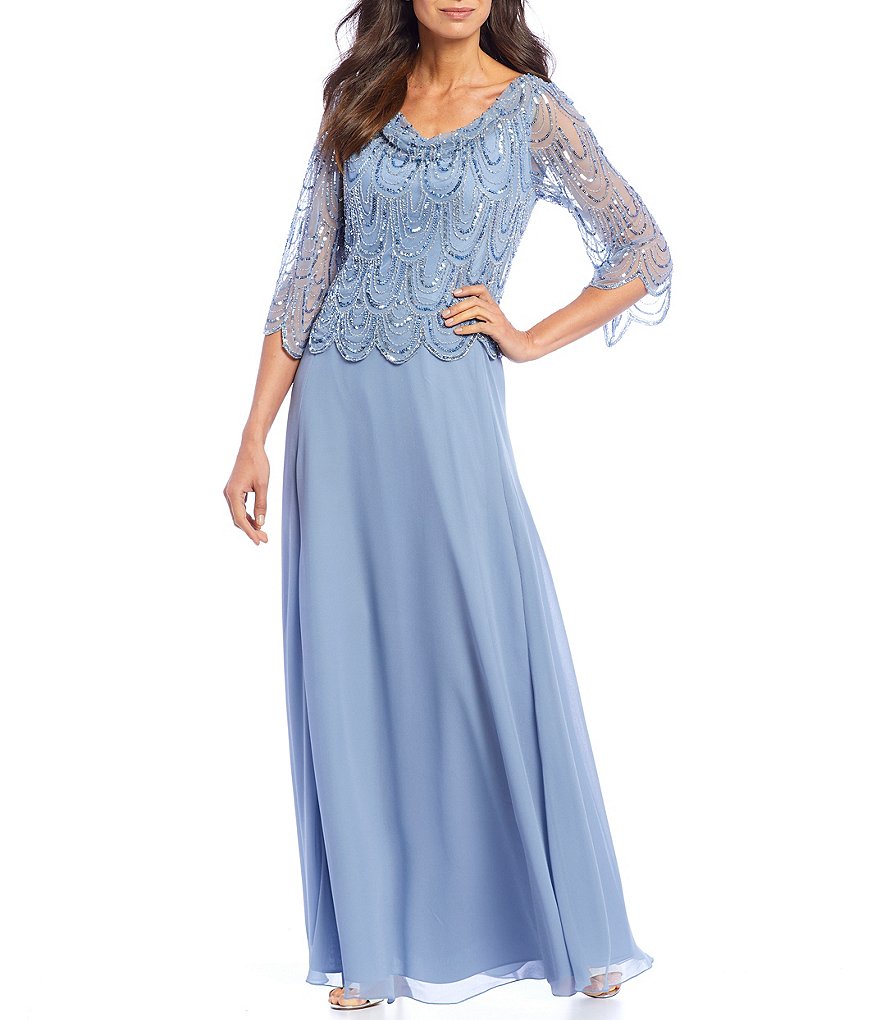 Jkara Sequin Chiffon Cowl Neck Scalloped Beaded Gown