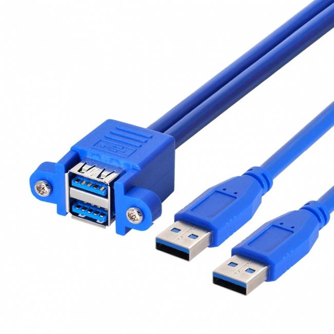 CY Combo Dual USB 3.0 Male to Stackable Female Extension Cable 50cm with Screw Panel Mount Holes