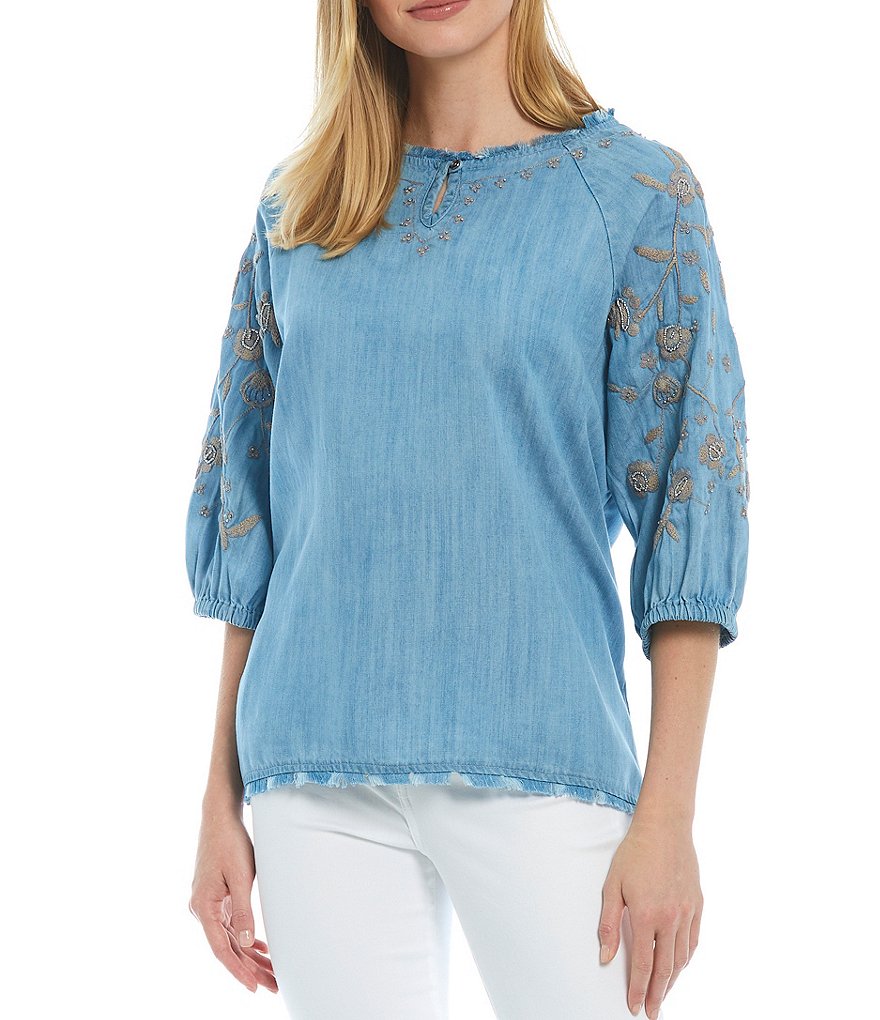 Tru Luxe Jeans Denim Embroidered Sleeve Frayed Hem Top