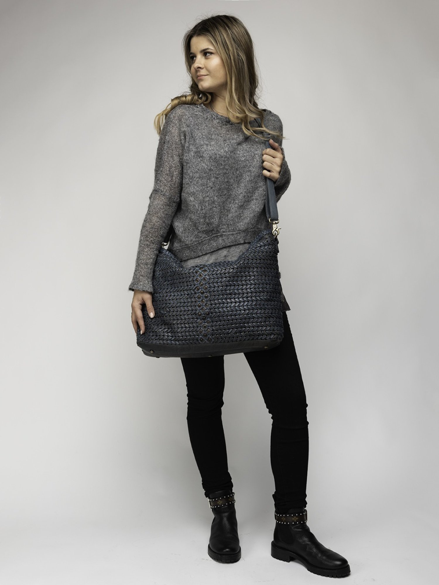 Art N Vintage Joelle Blue Leather Textured Large Tote Handbag