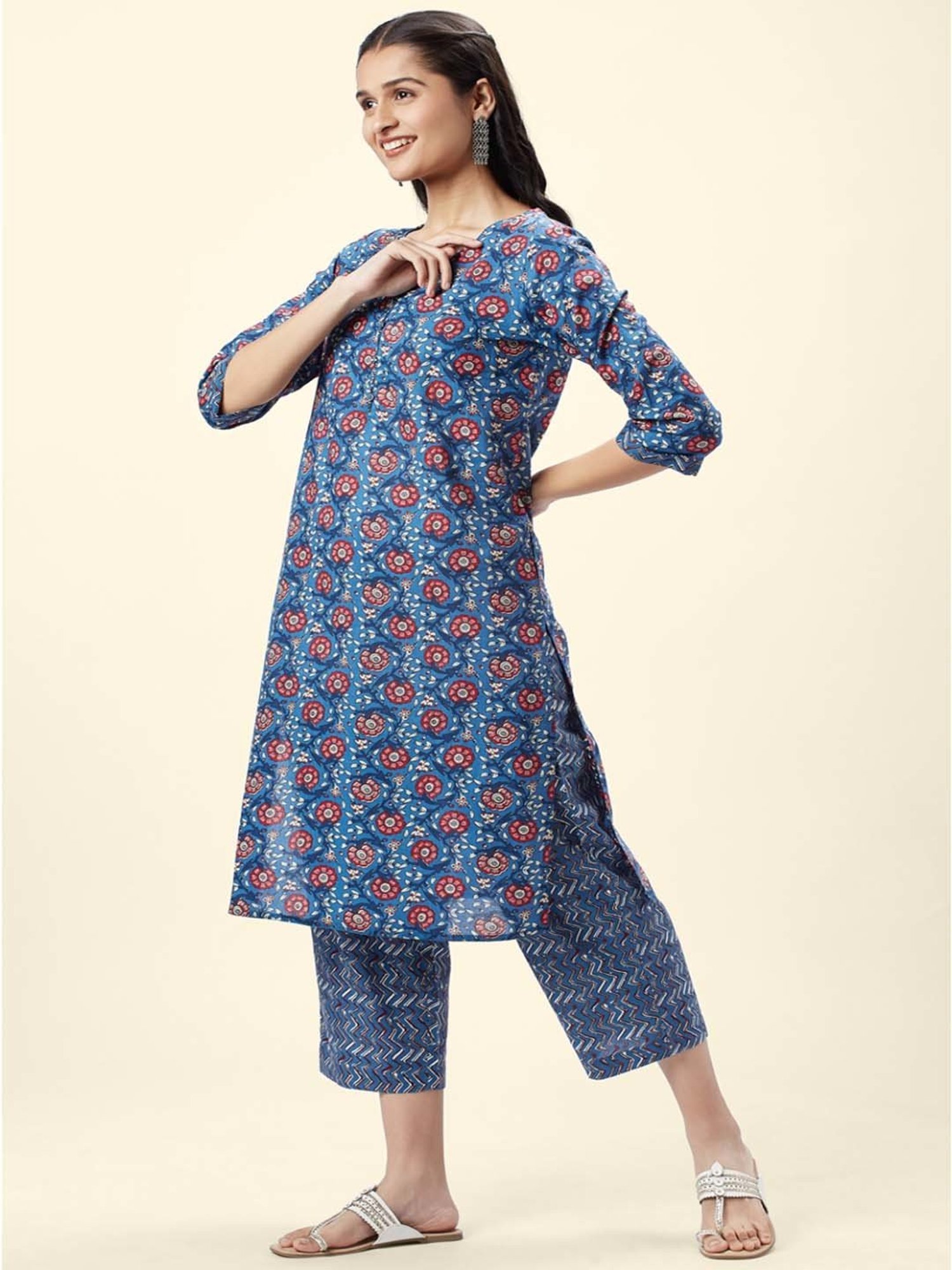 Rangmanch by Pantaloons Blue Cotton Floral Print Kurta Palazzo Set