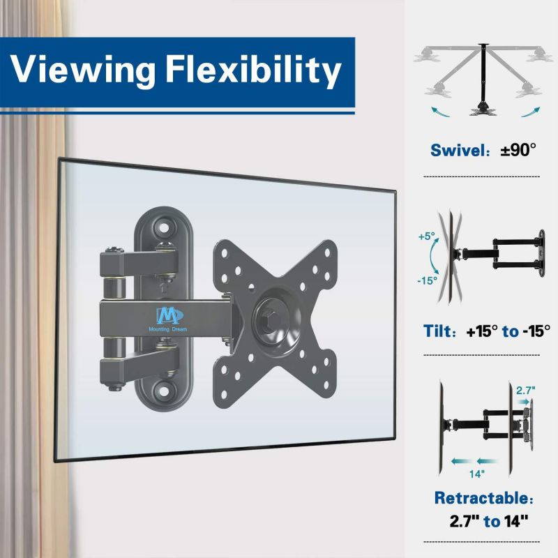 Mounting Dream MD2463 TV Monitor Wall Mount Bracket for Most 10-26 Inch LED, LCD Flat Screen TV and Monitors, with Full Motion Swivel Articulating Arm, up to VESA 100x100mm and 33 lbs