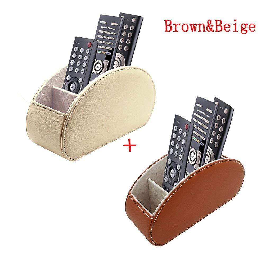 Fosinz Remote Control Holder Organizer Leather Control Storage TV Remote Control Organizer with 5 Spacious Compartments (Beige+Brown)