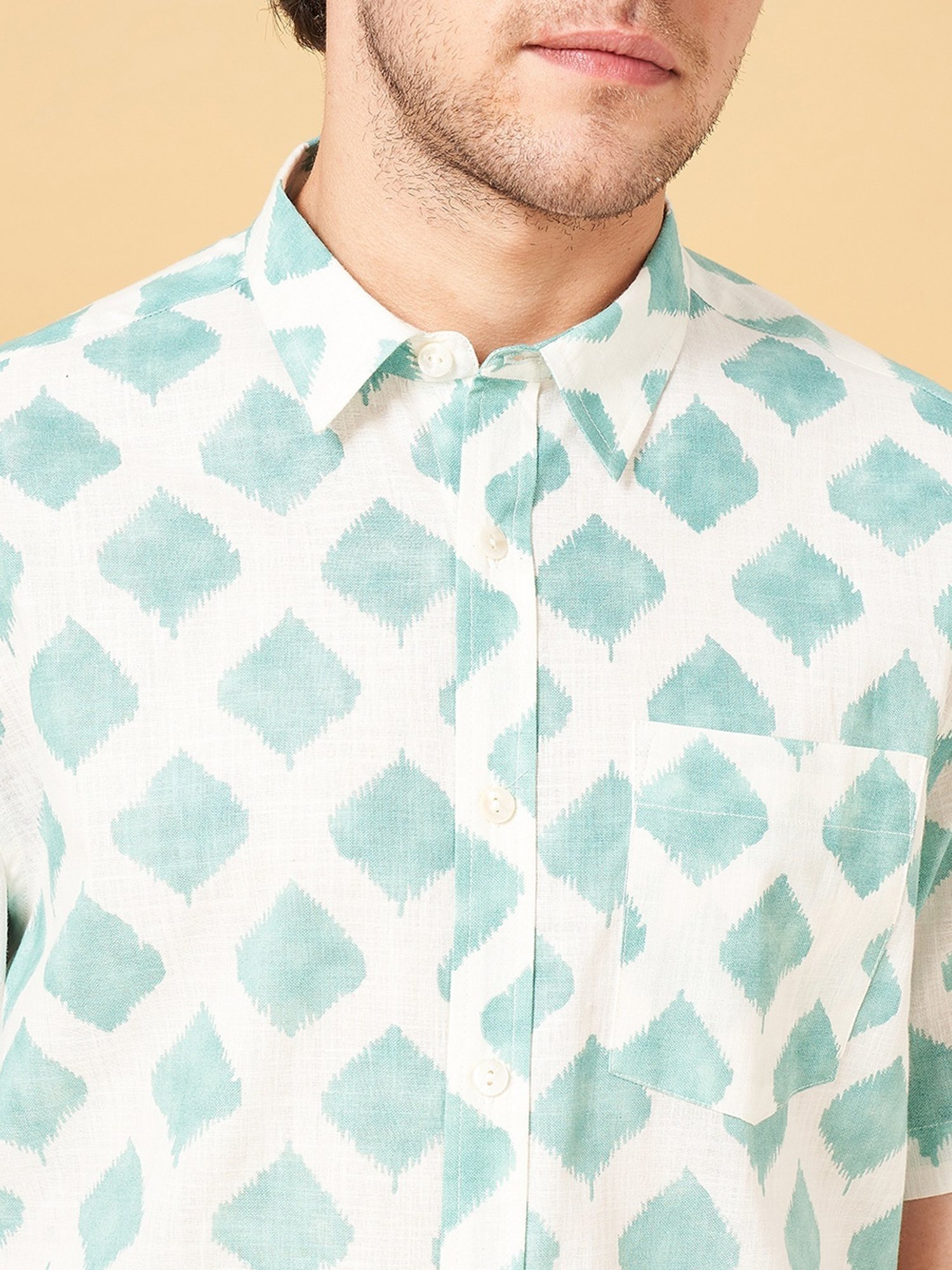 Indus Route by Pantaloons Malachite Green Cotton Regular Fit Printed Shirt
