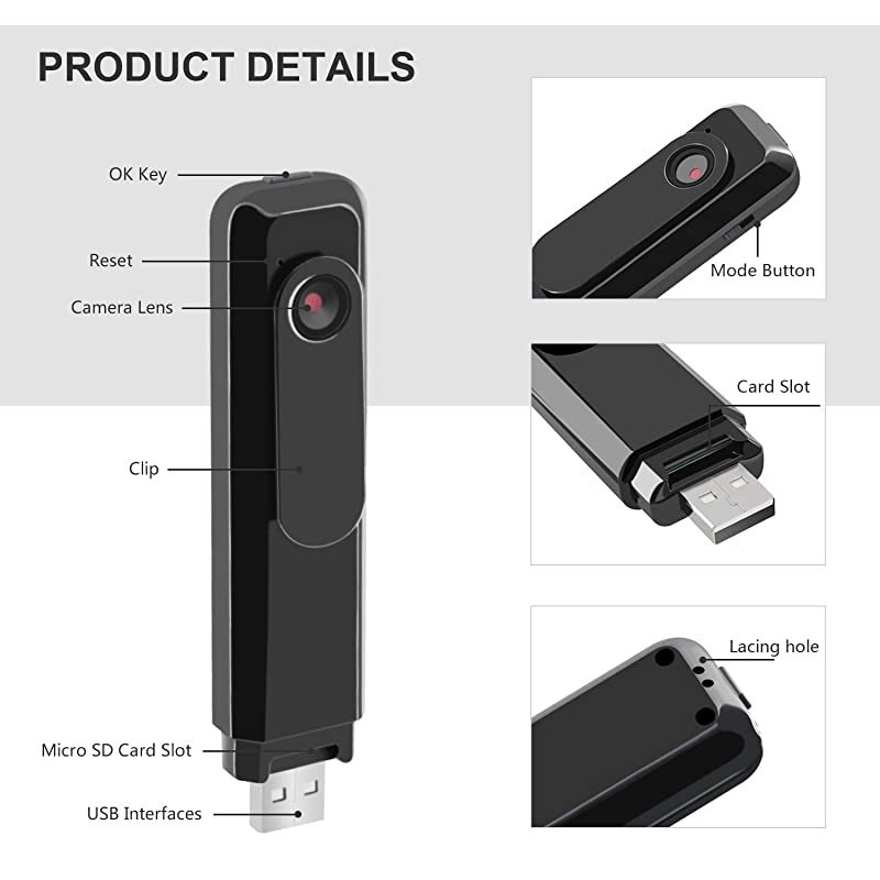 Mini Body Camera with USB Port  Body Spy Cam HD 1080P Wireless Portable Hidden Spy Pen Body Cameras Wearable Video Recorder with Body Camera for Home/Office