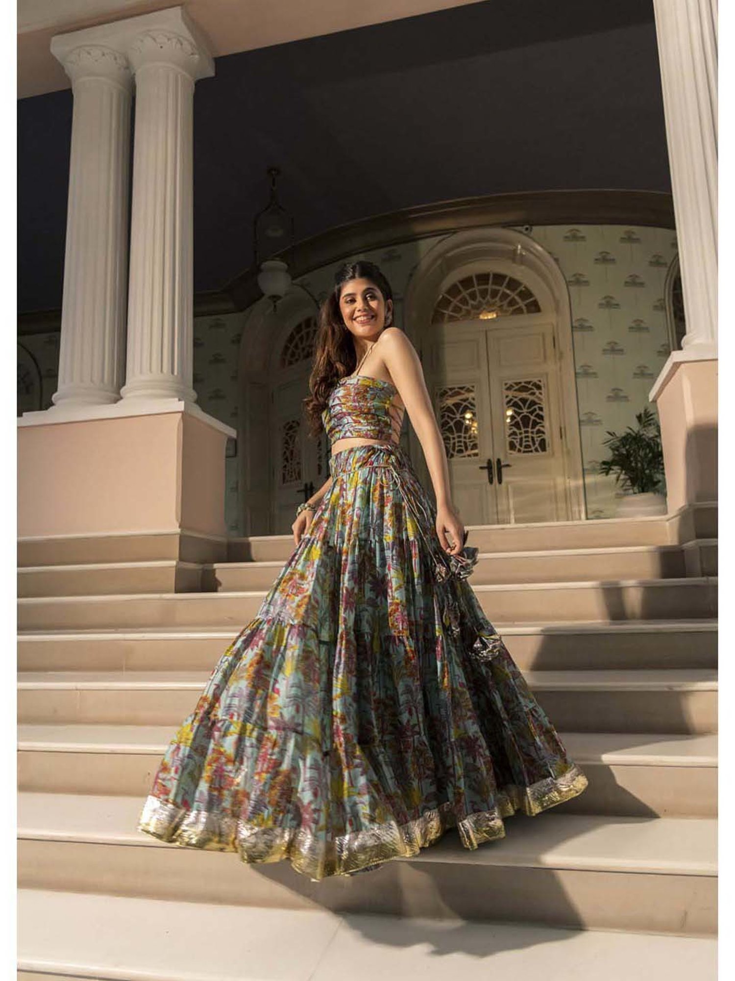 AACHHO Blue Floral Print Lehenga Choli Set With Dupatta