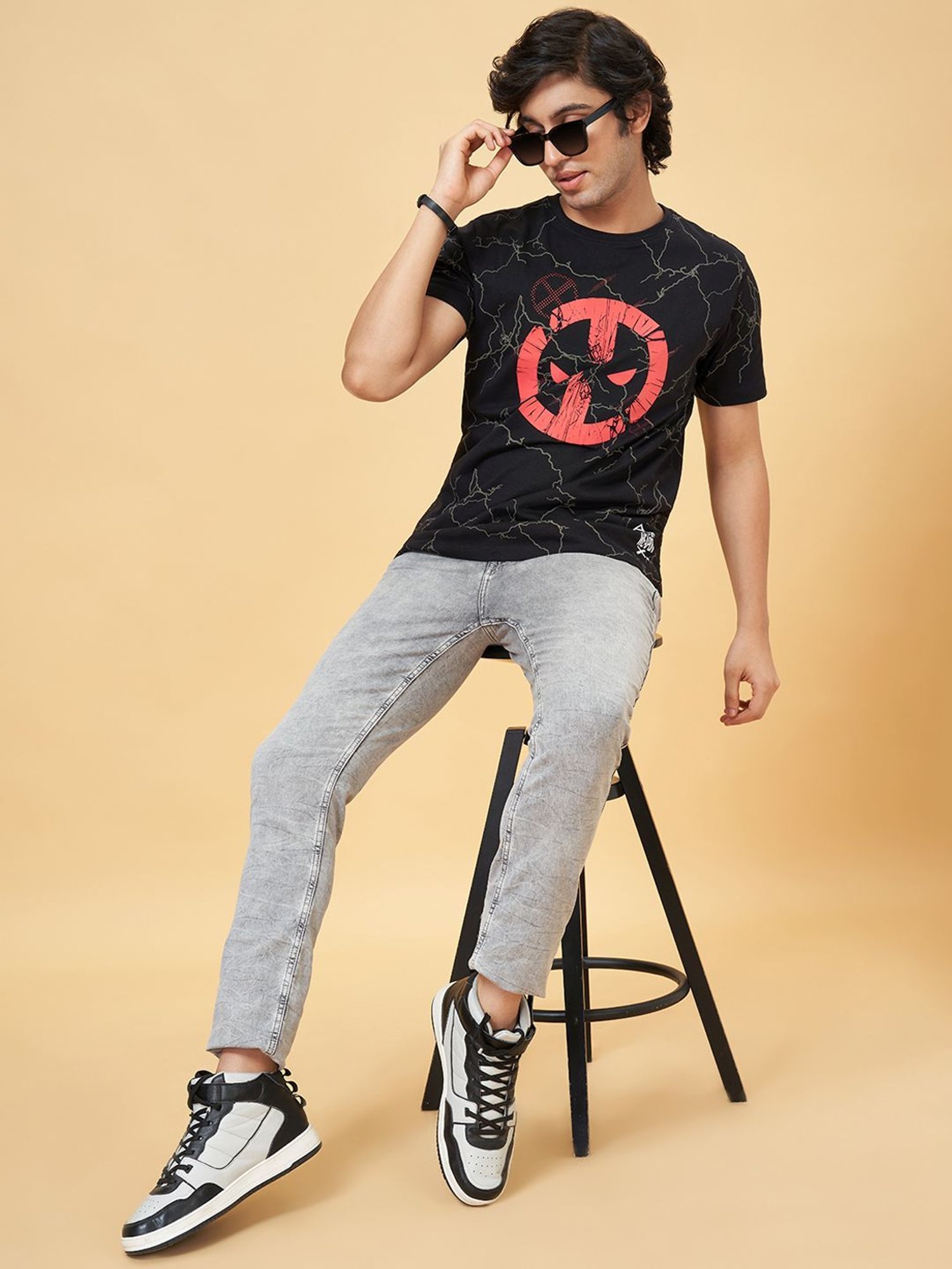 Sf Jeans By Pantaloons Black Cotton Slim Fit Printed T-Shirt