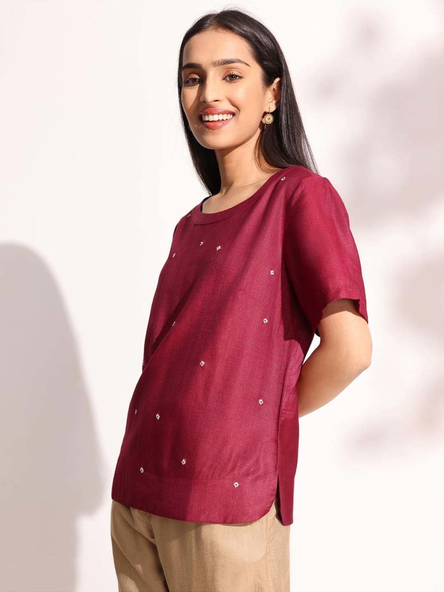 Fabindia Maroon Embroidered Top