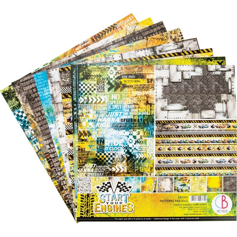 Ciao Bella Double-Sided Paper Pack 90lb 12"X12" 8/Pkg-Start Your Engines, 8 Designs/1 Each