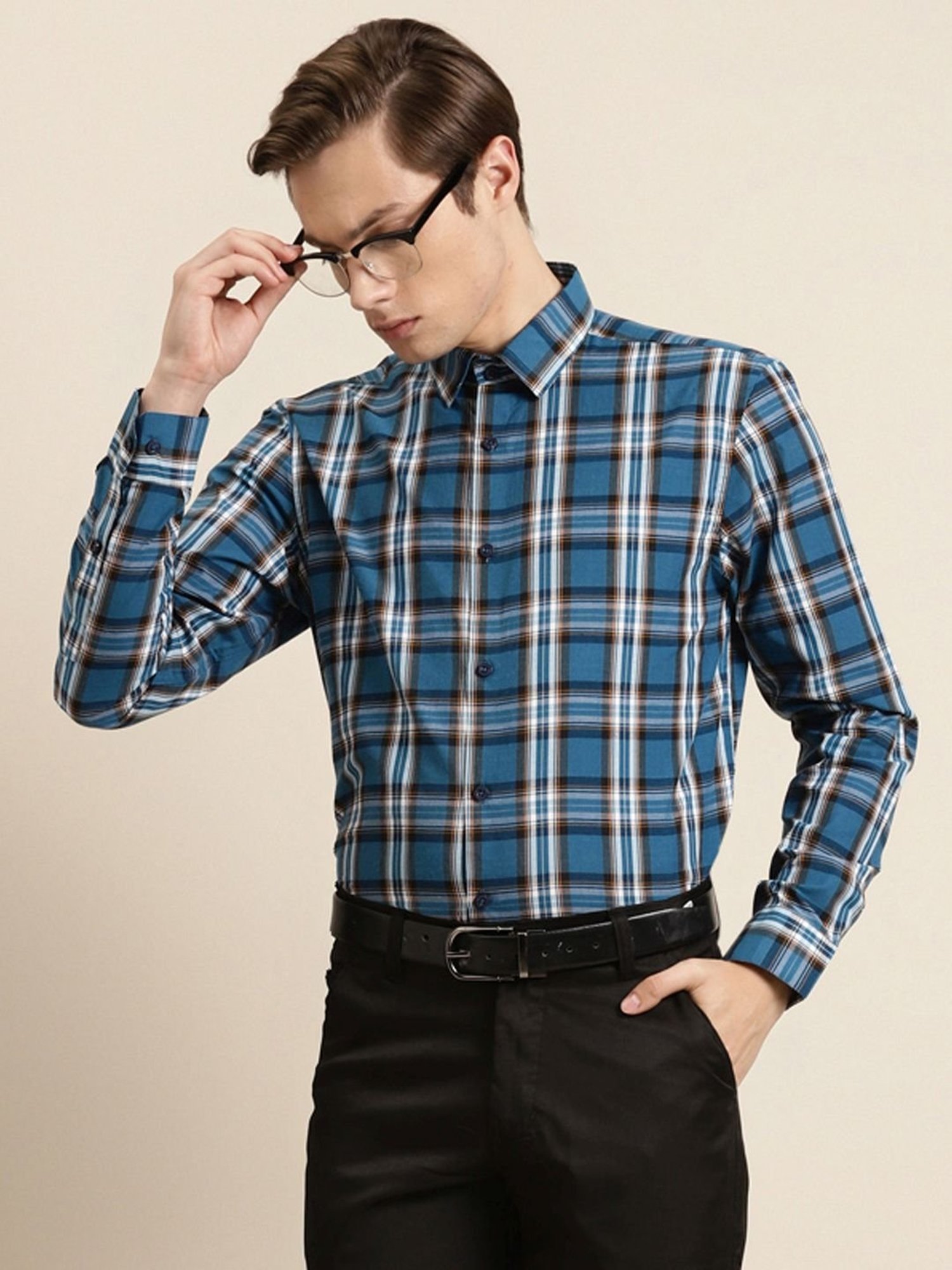 Sojanya Blue Cotton Regular Fit Checks Shirt