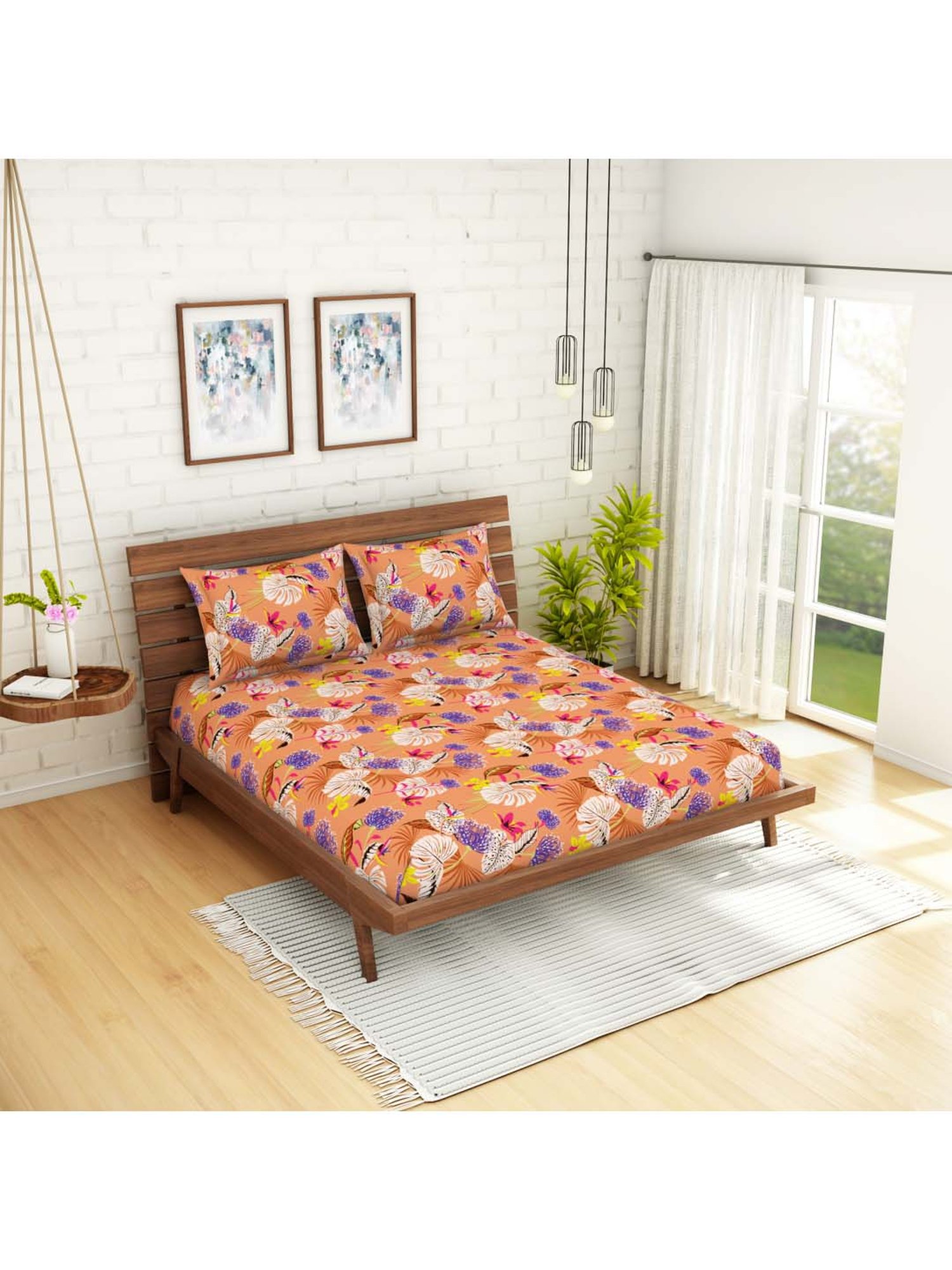 SWHF Orange & White Cotton 114 TC Double Bedsheet Sets