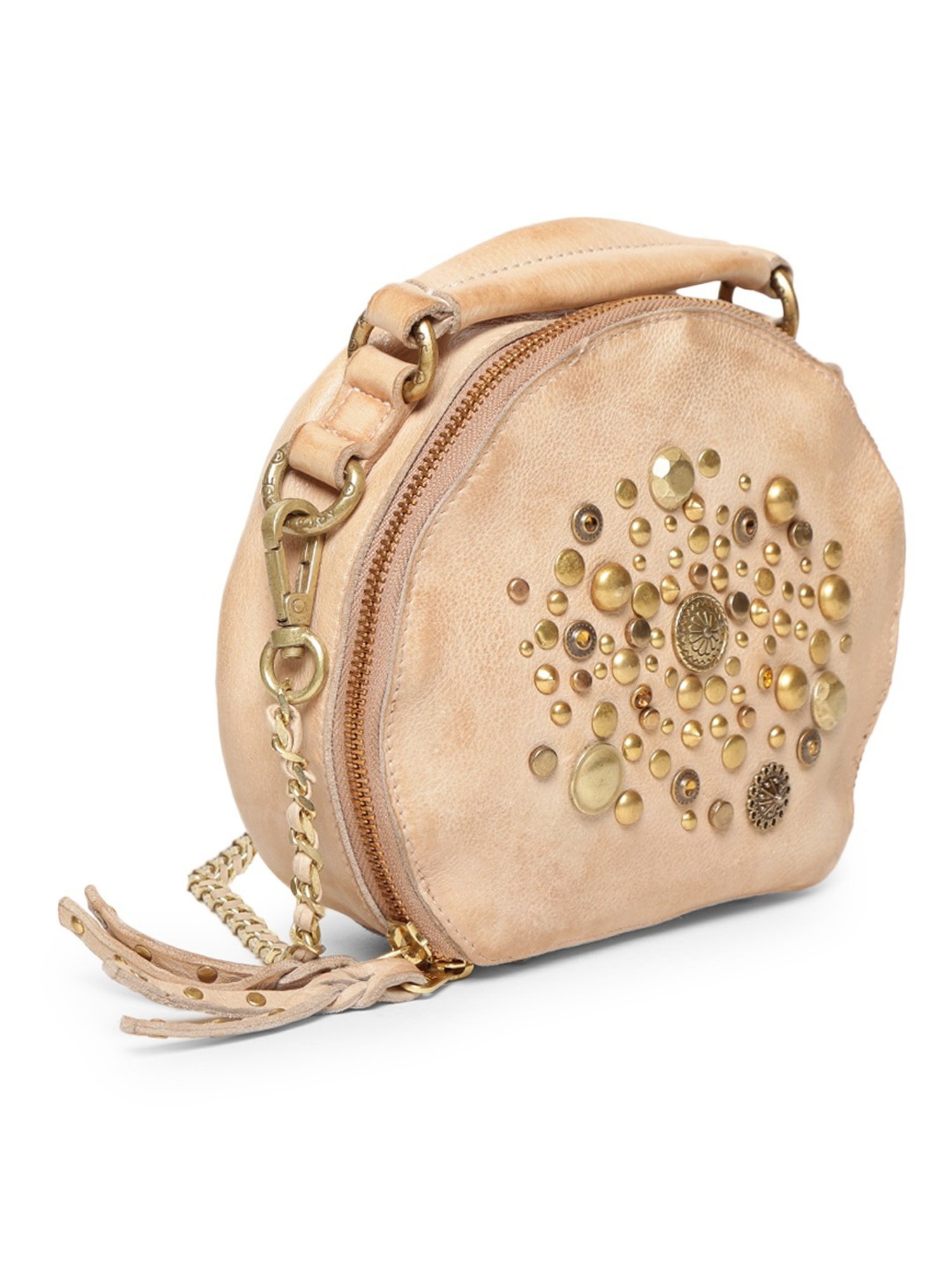 Art N Vintage Rivet & Concho Cream Leather Embellished Small Handbag