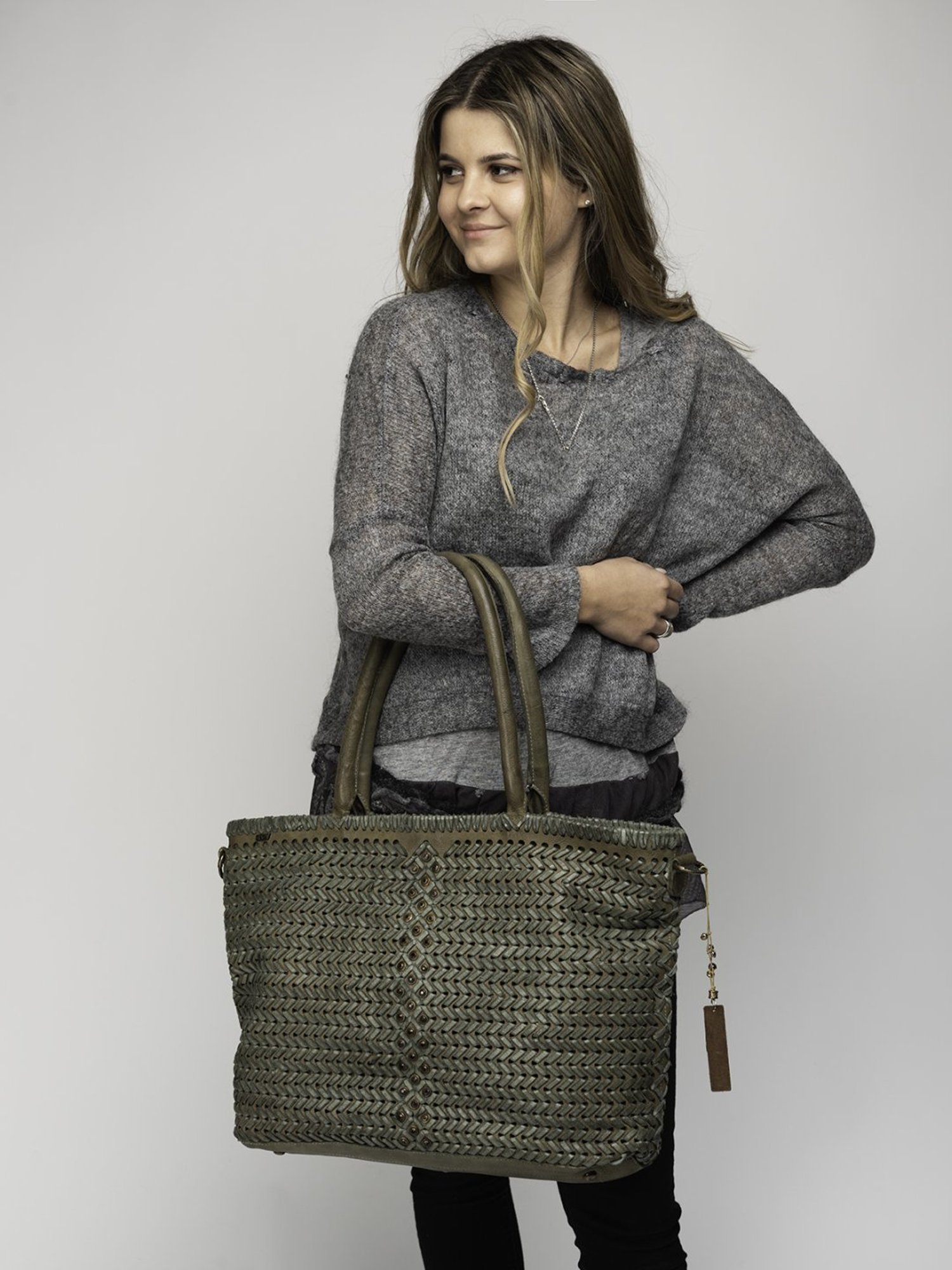 Art N Vintage Joelle Olive Leather Textured Large Tote Handbag