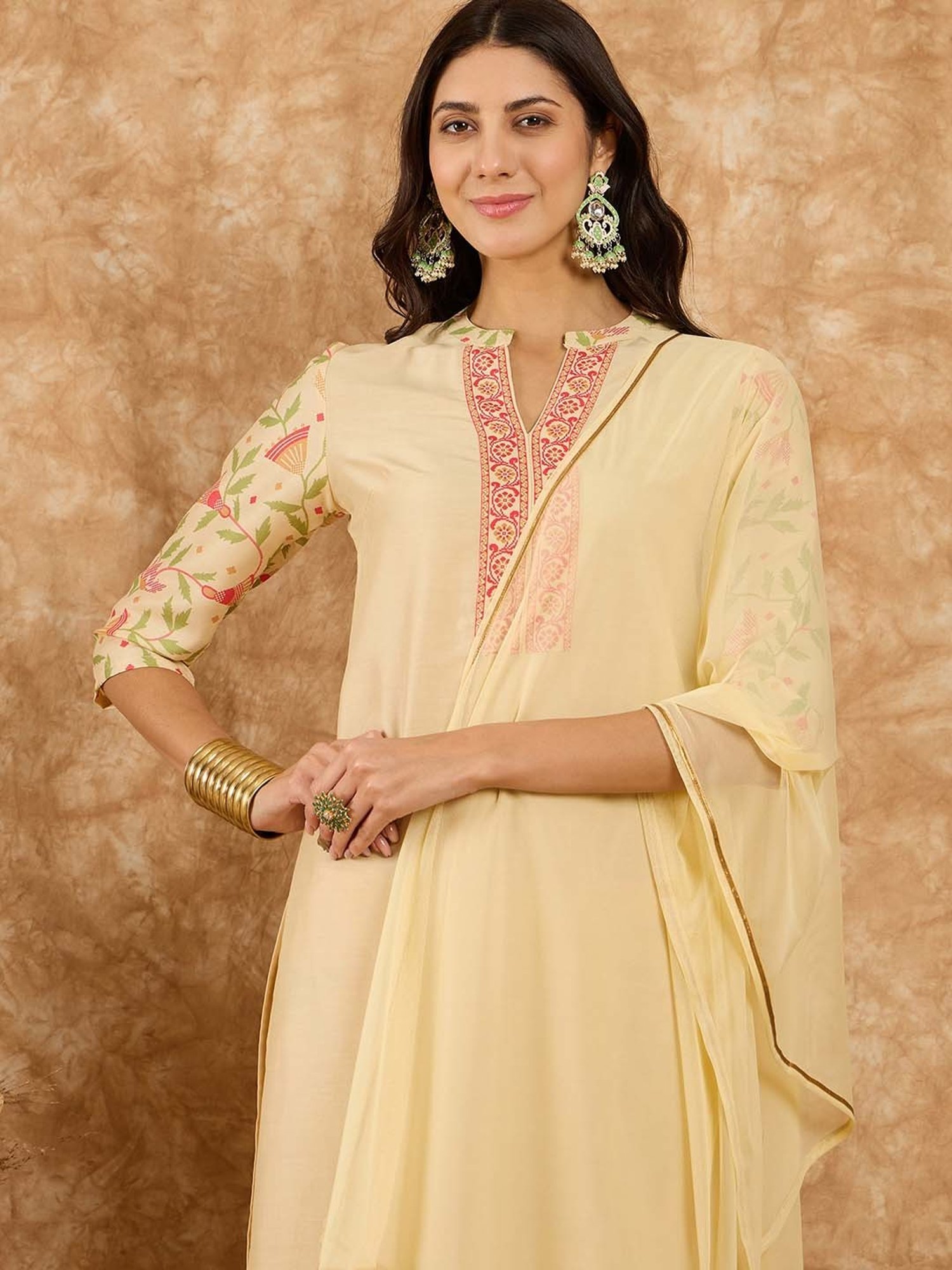 Ziyaa Beige Printed Kurta With Pant & Dupatta