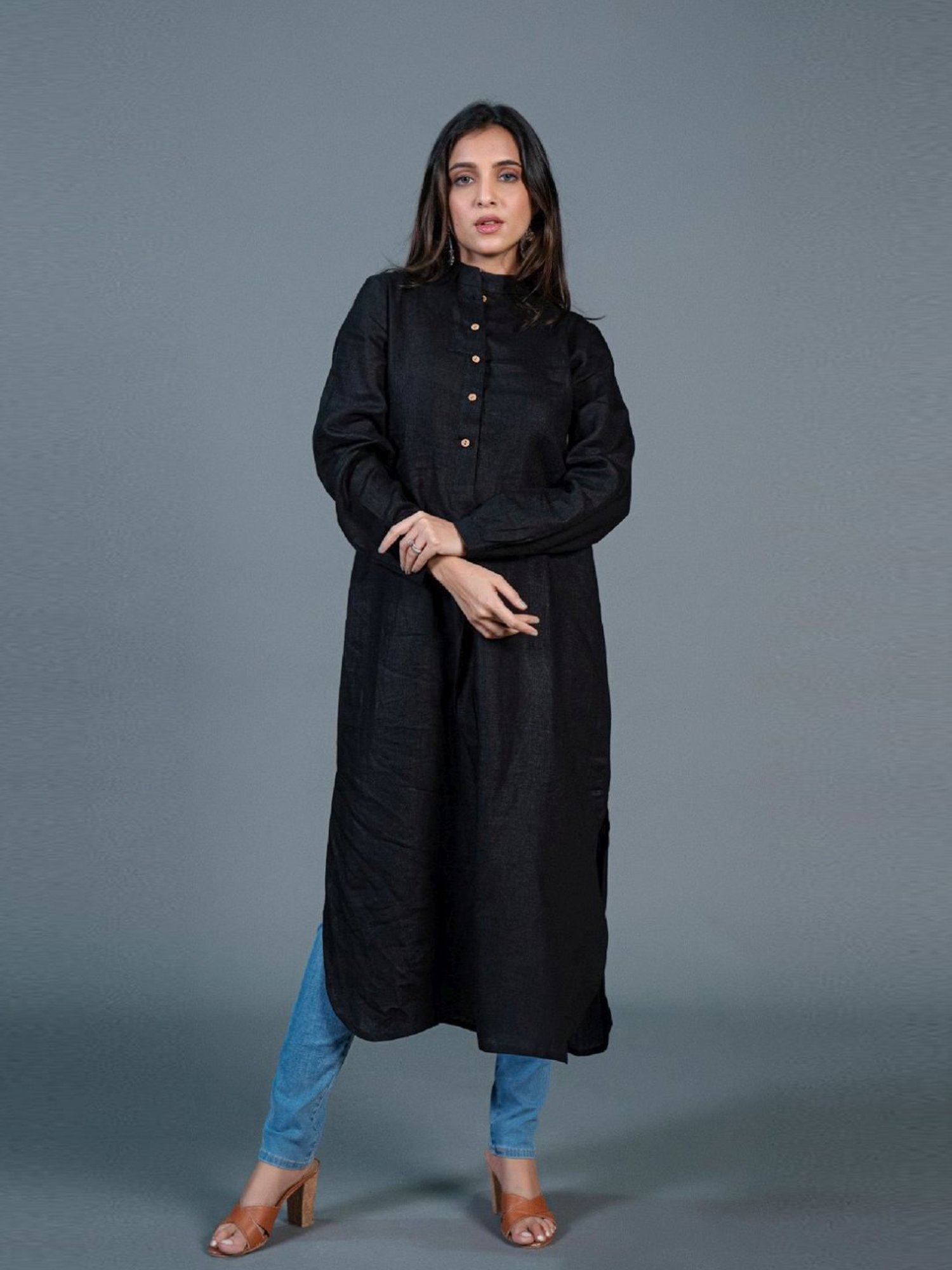 Eeshva India Black Jabha Style Linen Kurta