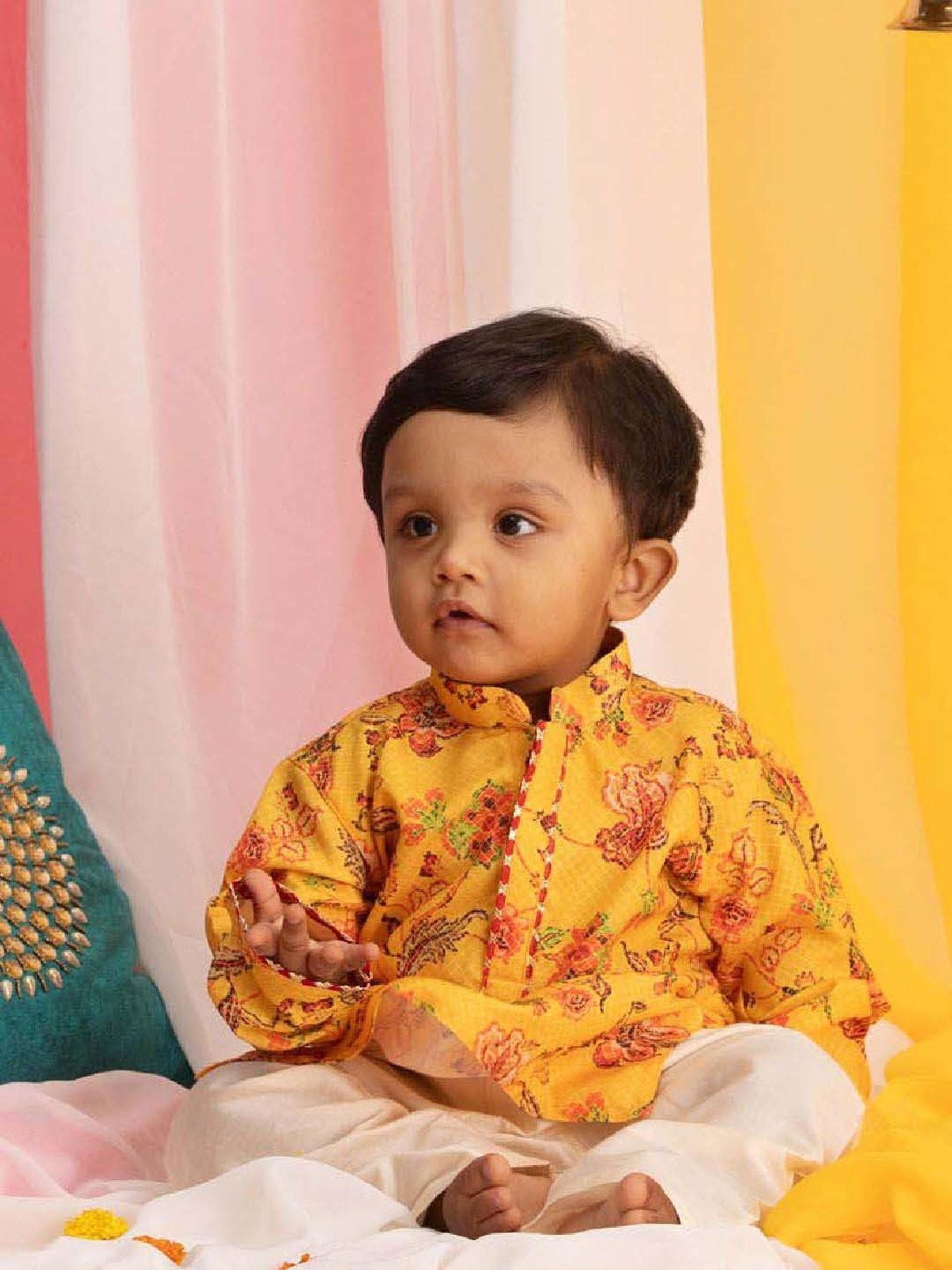 VASTRAMAY Boys Mustard & Cream Floral Full Sleeves Kurta Sets
