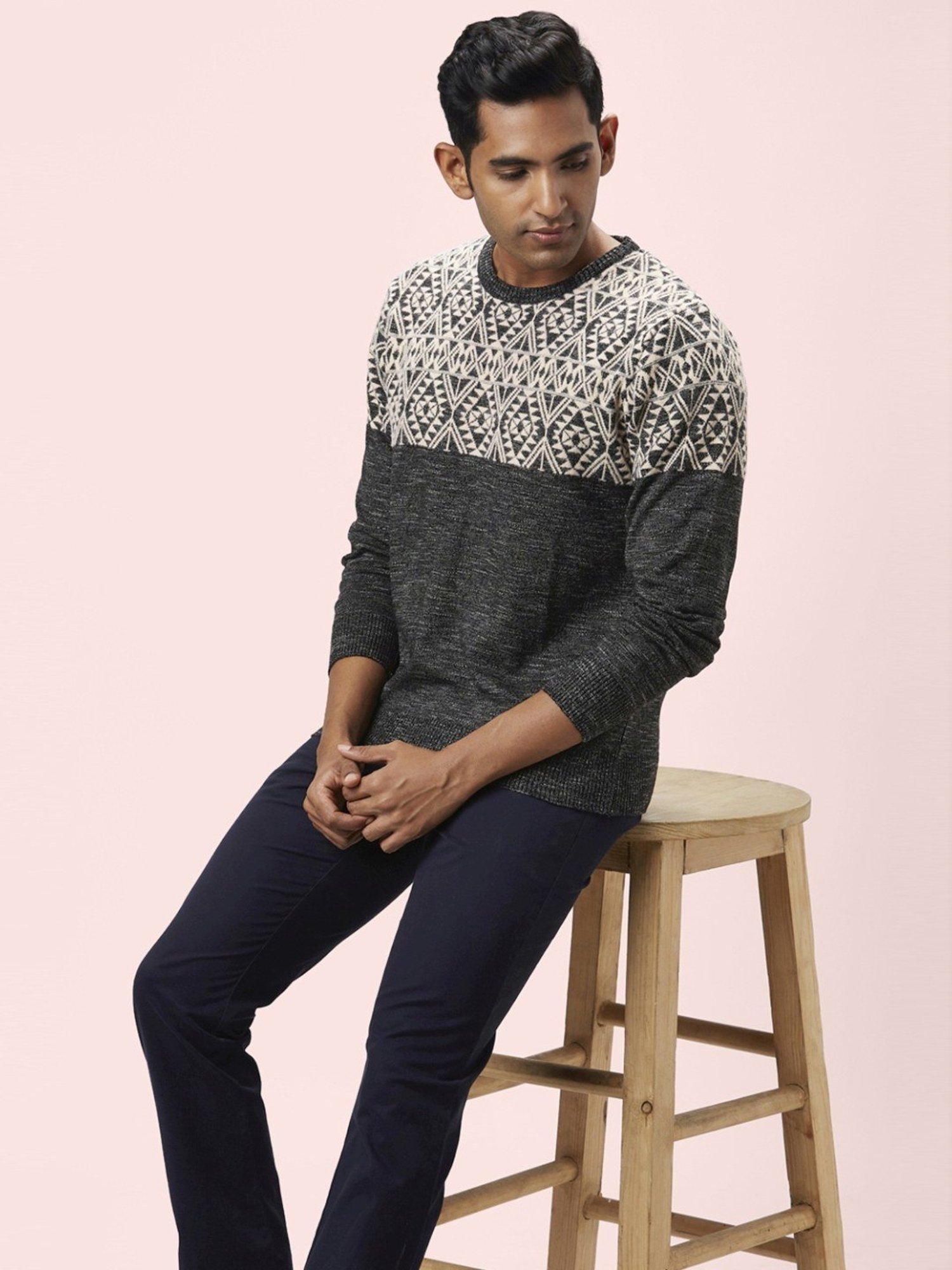 Byford by Pantaloons Grey Regular Fit Printed Sweater