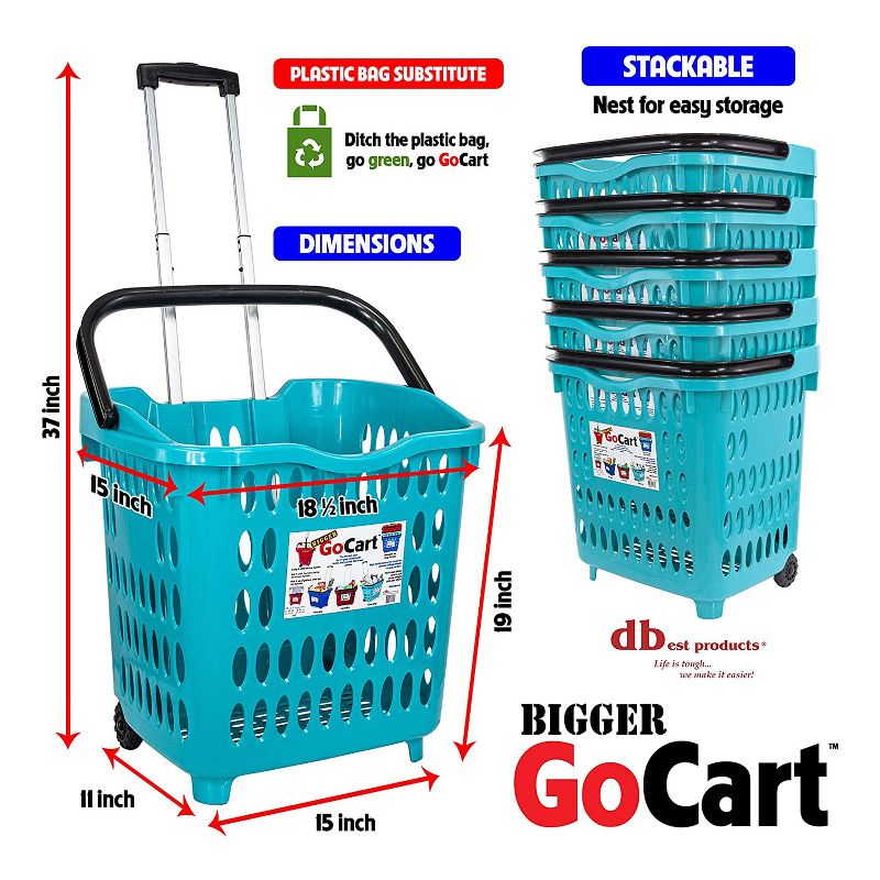 dbest products Bigger GoCart 2 Wheel Waterproof Grocery Cart Shopping Utility Laundry Basket w/ Extendable Handle & 120 Pound Capacity, Teal (5 Pack)